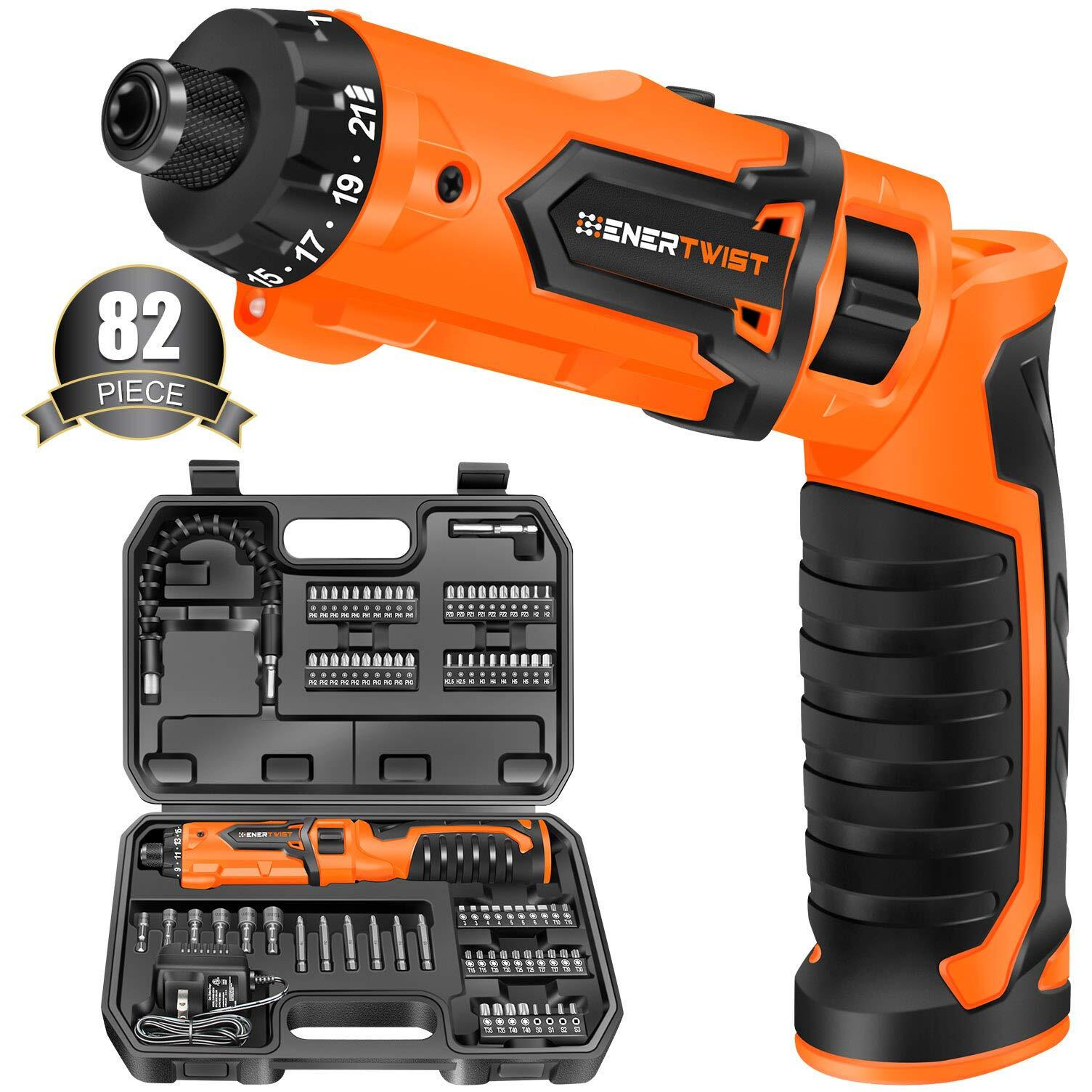 Enertwist Cordless Screwdriver, 8V Max 10Nm Electric Screwdriver Rechargeable Set With 82 Accessory Kit And Charger In Carrying Case, 21+1 Cluth, Dual Position Handle, Led Light, Et-Cs-8
