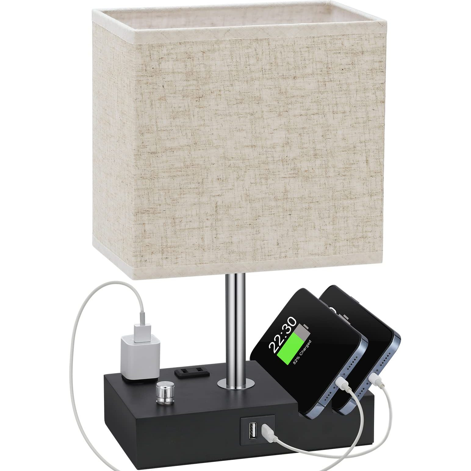 Kakanuo Table Lamp For Bedroom With Dual Usb Ports, Beige Fully Dimmable Bedside Lamp With Phone Stands And 2 Charging Outlets, Desk Lamp For Nightstand And Living Room, Led Bulb Included