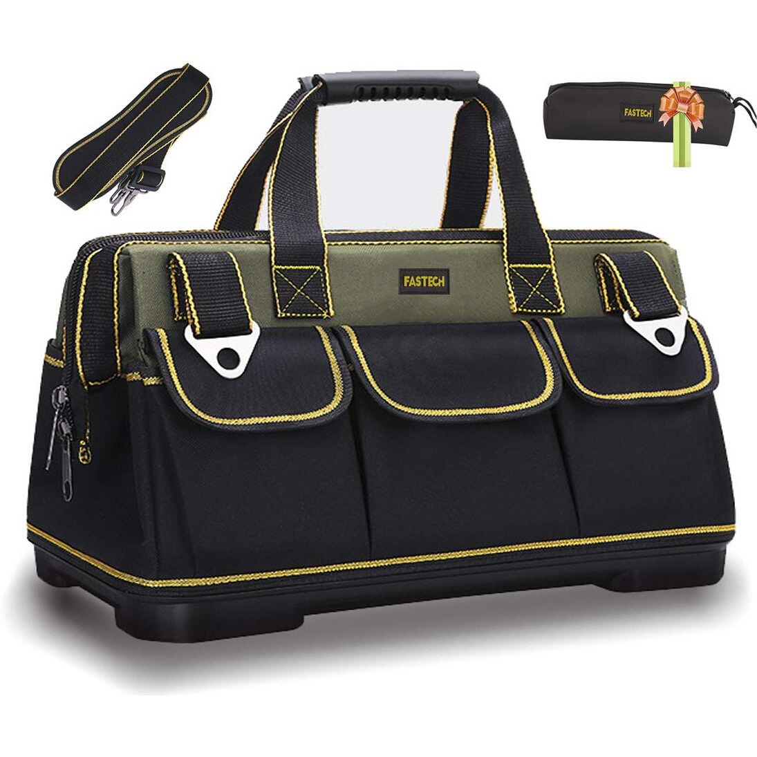 Fastech 20-Inch Wide Mouth Tool Bag With Water Proof Molded Base,Wide Mouth Tool Tote Bag,Waterproof Tool Organizer Bag For Men With Adjustable Shoulder Strap (20 Inch)