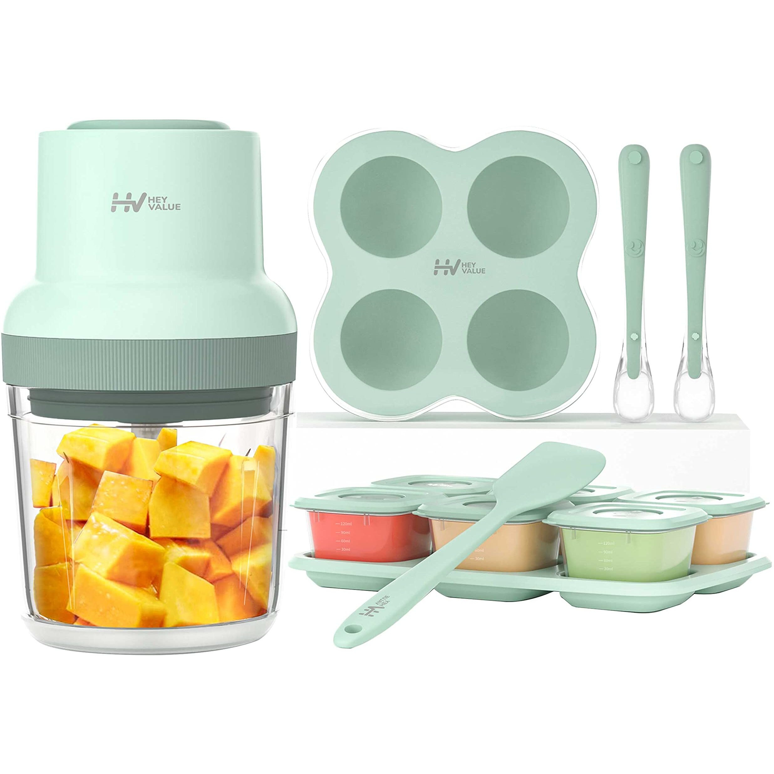 Heyvalue Baby Food Maker, 13-In-1 Baby Food Processor Gift Sets For Baby Food, Fruit, Vegatable, Meat, With Baby Food Containers, Baby Food Freezer Tray, Silicone Spoons, Silicone Spatula(Light Green)