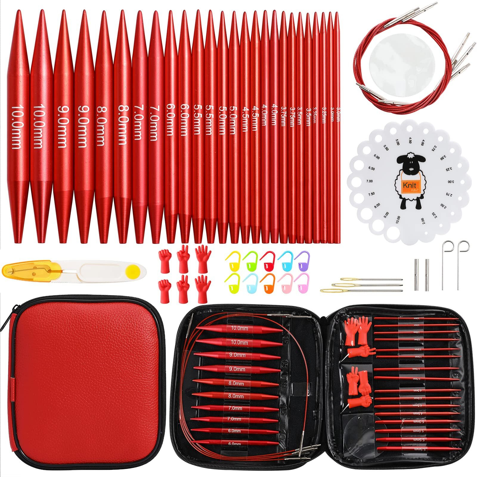 Looen 37Pcs Aluminum Circular Knitting Needles Set With Ergonomic Handles,13 Size Interchangeable Crochet Needles With Storage Case For Small Project (Style 1 New Red)
