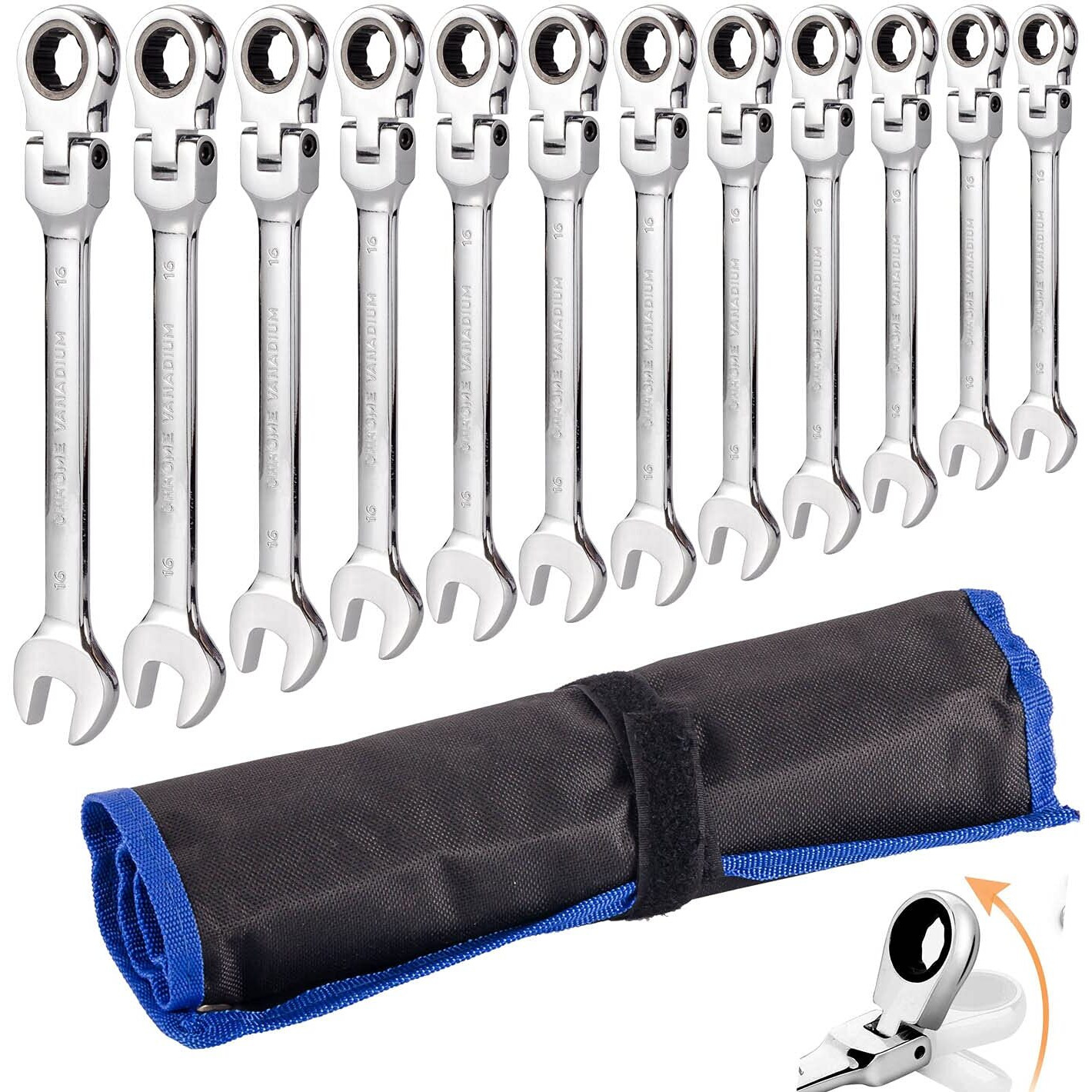 Qnkaa Flexible Ratchet Wrench Set 12Pcs 8-19Mm Spanner Gear Ring Ratcheting Combination Flexi Wrench Kit Metric Flex Head