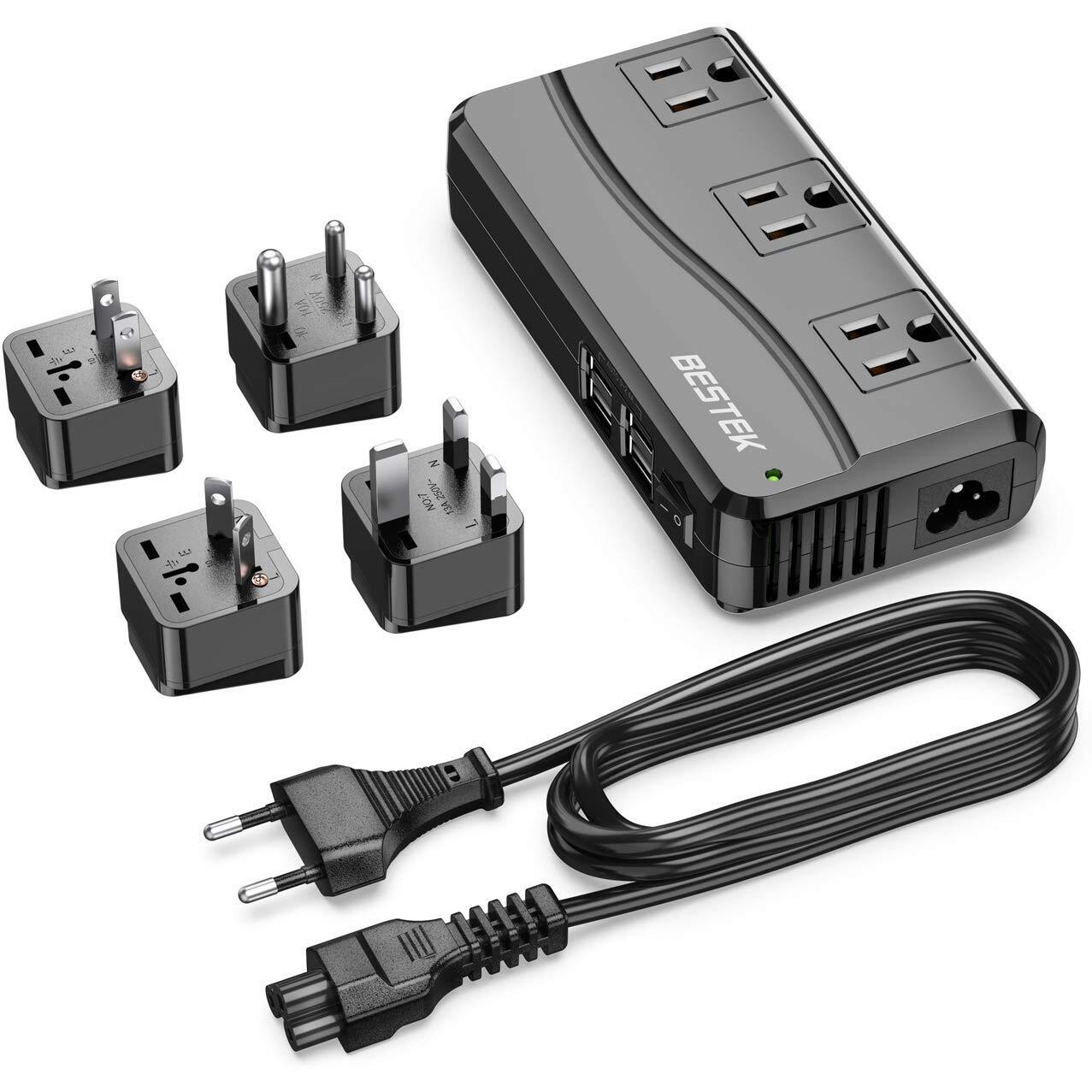 Bestek Universal Travel Adapter 100-220V To 110V Voltage Converter 250W With 6A 4-Port Usb Charging 3 Ac Sockets And Eu/Uk/Au/Us/India Worldwide Plug Adapter (Black)