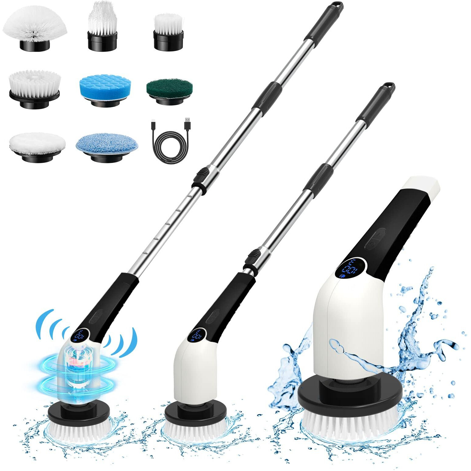Keimi Electric Spin Scrubber, 2023 New Cordless Voice Prompt Shower Cleaning Brush With 8 Replaceable Brush Heads, 3 Adjustable Speeds, And Adjustable Extension Handle For Bathroom Floor Tile