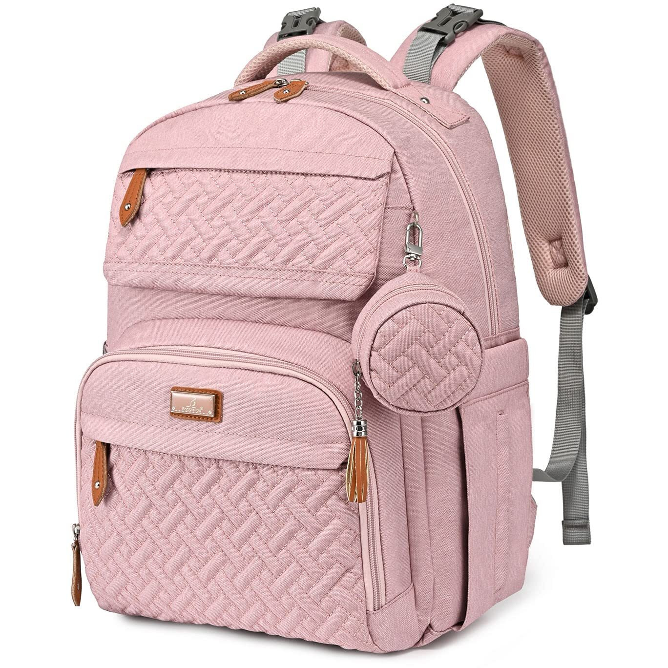 Babbleroo Diaper Bag Backpack, Unisex Bags With Changing Pad, Pacifier Case & Stroller Straps, Multifunction Waterproof Travel Back Pack For Boys Girls (Pink)