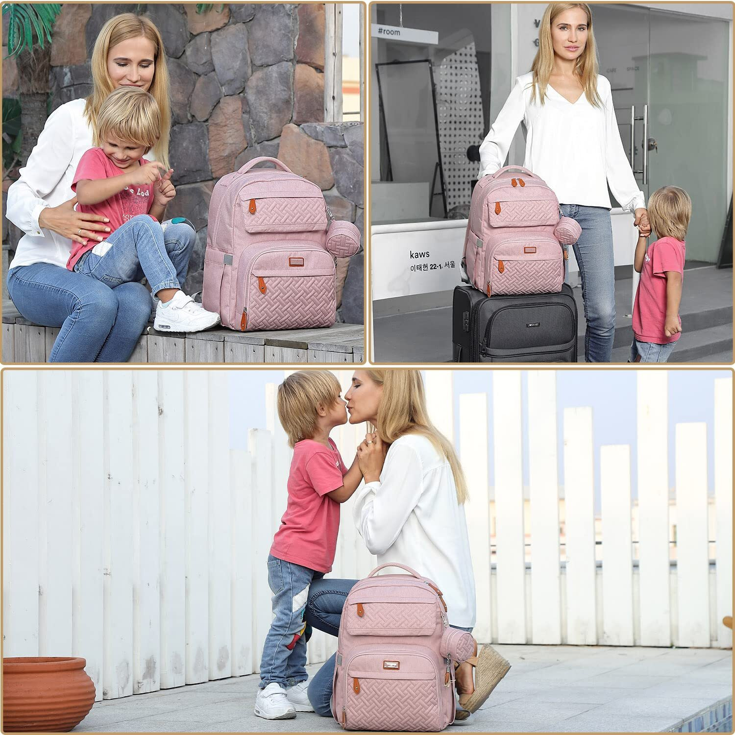Babbleroo Diaper Bag Backpack, Unisex Bags With Changing Pad, Pacifier Case & Stroller Straps, Multifunction Waterproof Travel Back Pack For Boys Girls (Pink)
