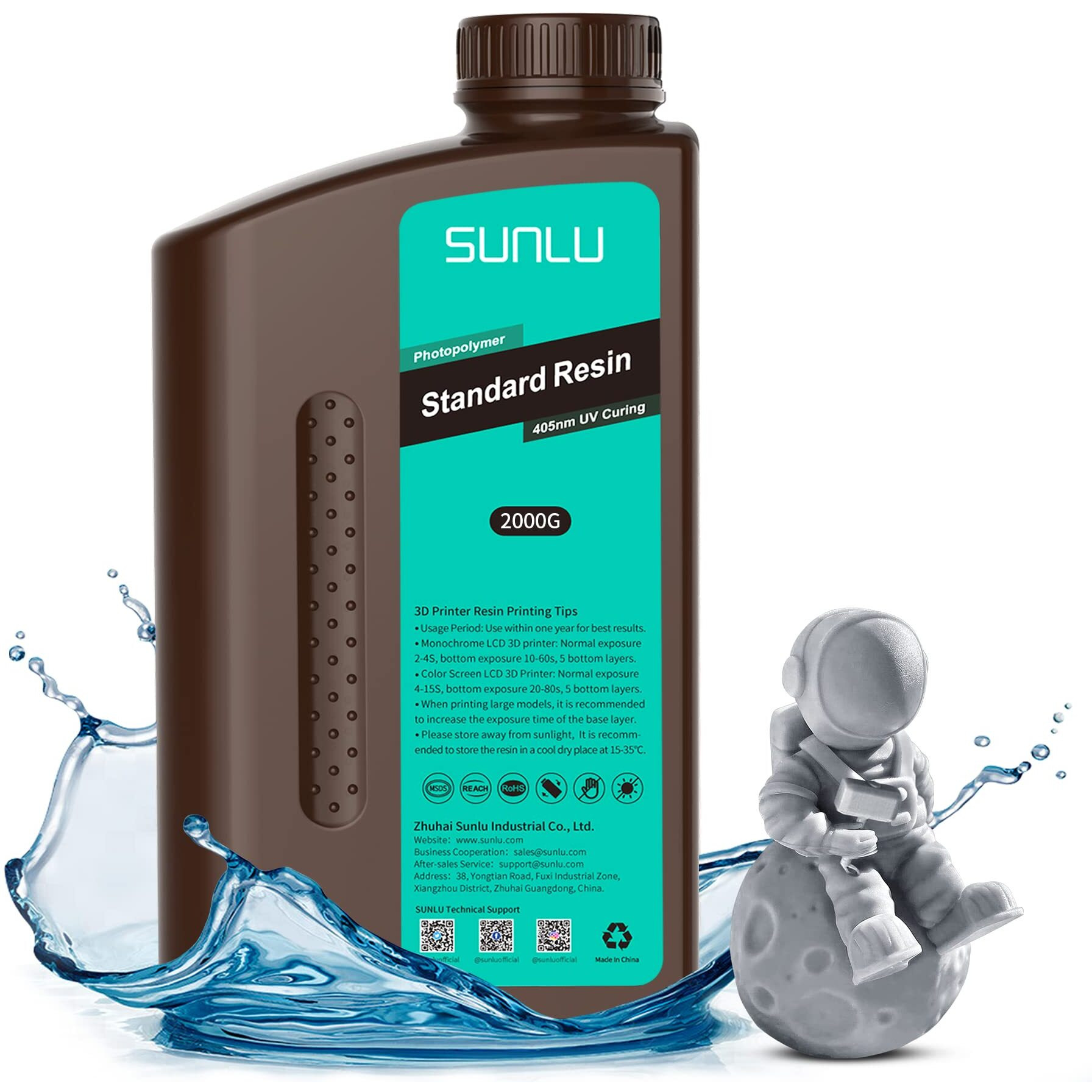 Sunlu 3D Printer Resin 2Kg, Fast Curing Standard 3D Resin For Lcd Dlp Sla Resin 3D Printers, 395 To 405Nm Uv Curing 3D Printing Liquid Photopolymer Resin, Low Shrinkage, High Precision, 2000G, Grey