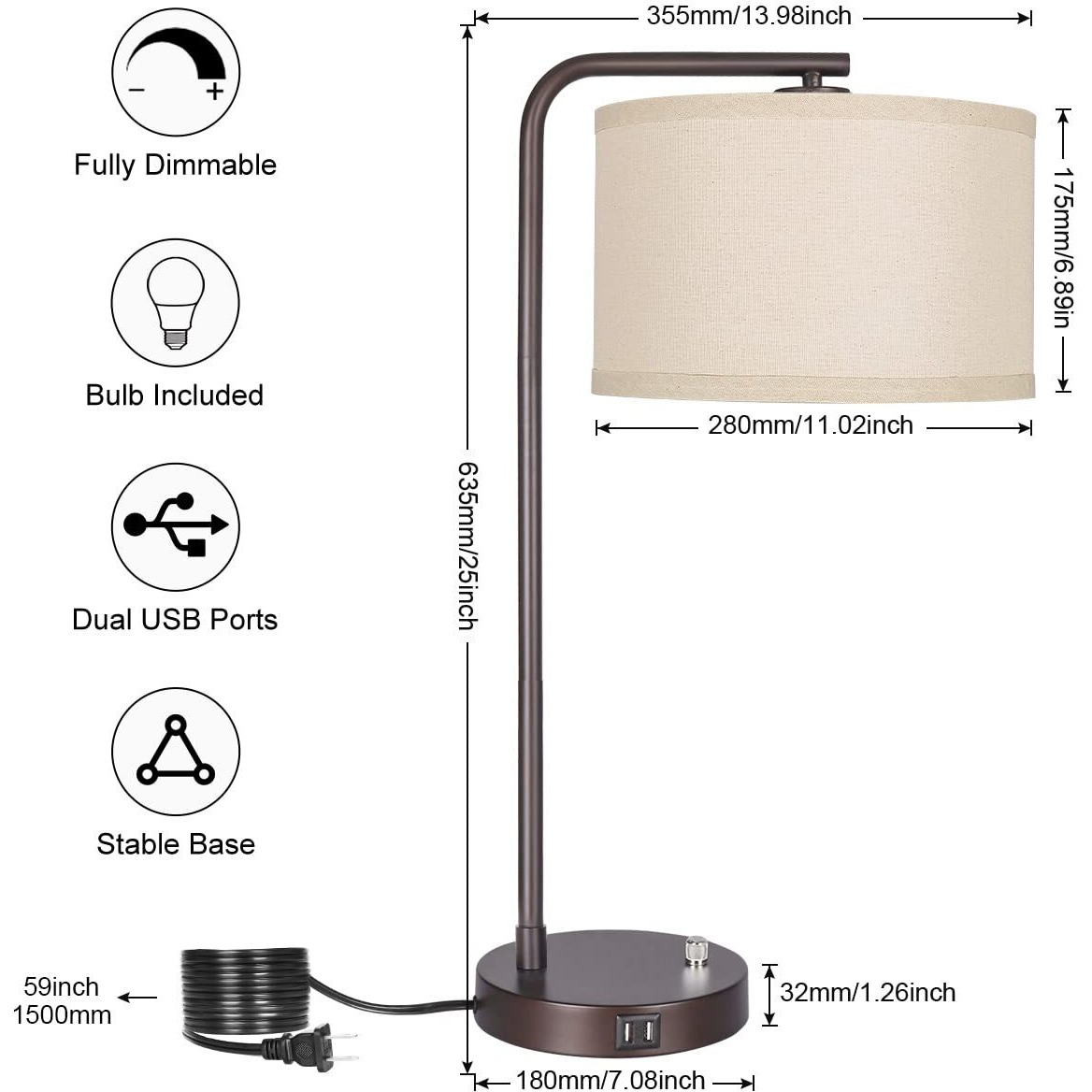Side Table Lamp With Dual Usb Ports, Dimmable Bedside Lamp Modern Nightstand Lamp Desk Reading Lamp With Linen Lampshade For Bedroom, Living Room, Study Room, Office, 8W 2700K Led Edison Bulb Included