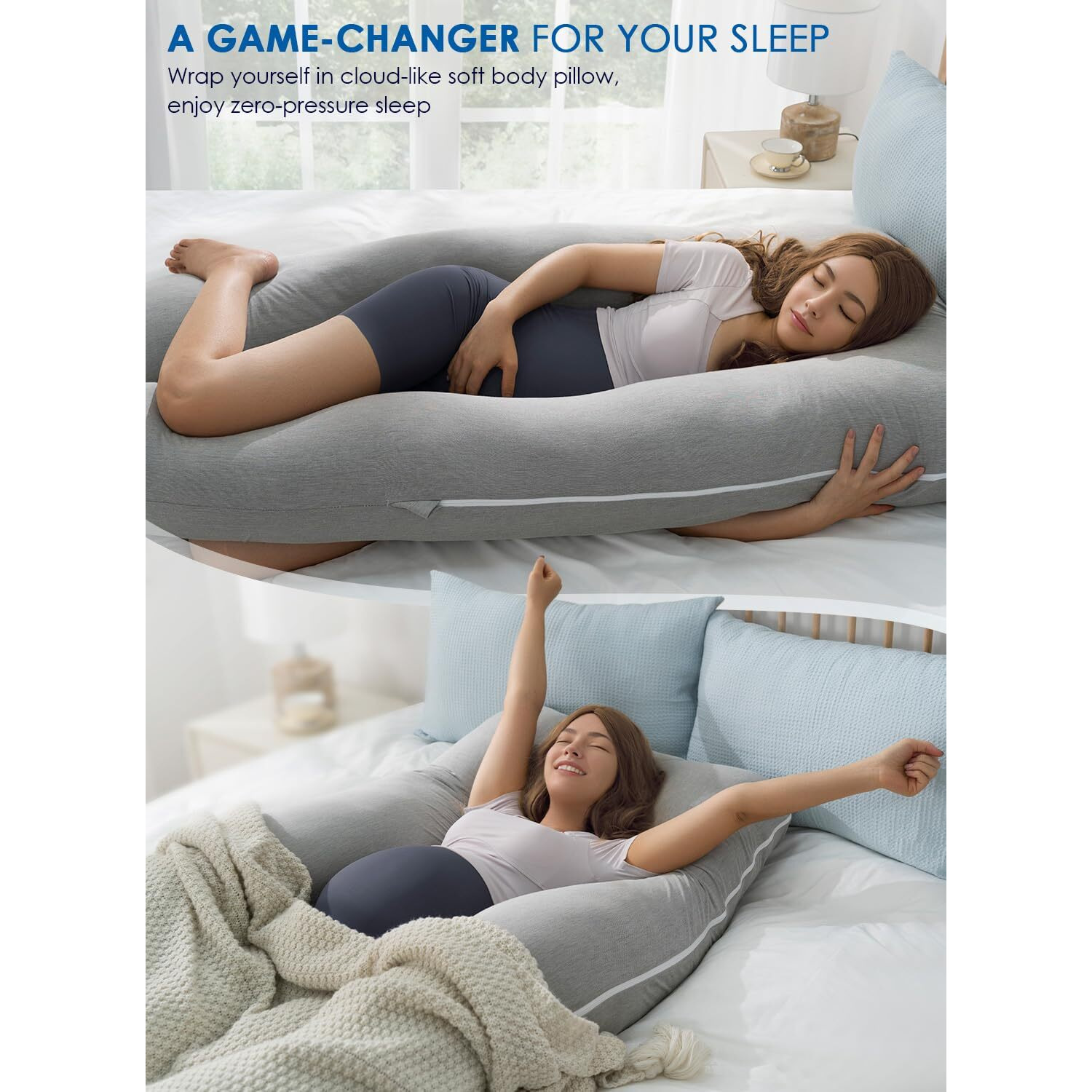 Queen Rose Pregnancy Pillows, Cooling Maternity Pillow For Sleeping, 55In U Shaped Body Pillow For Pregnant Support, With Removable Silky Cover, Gray