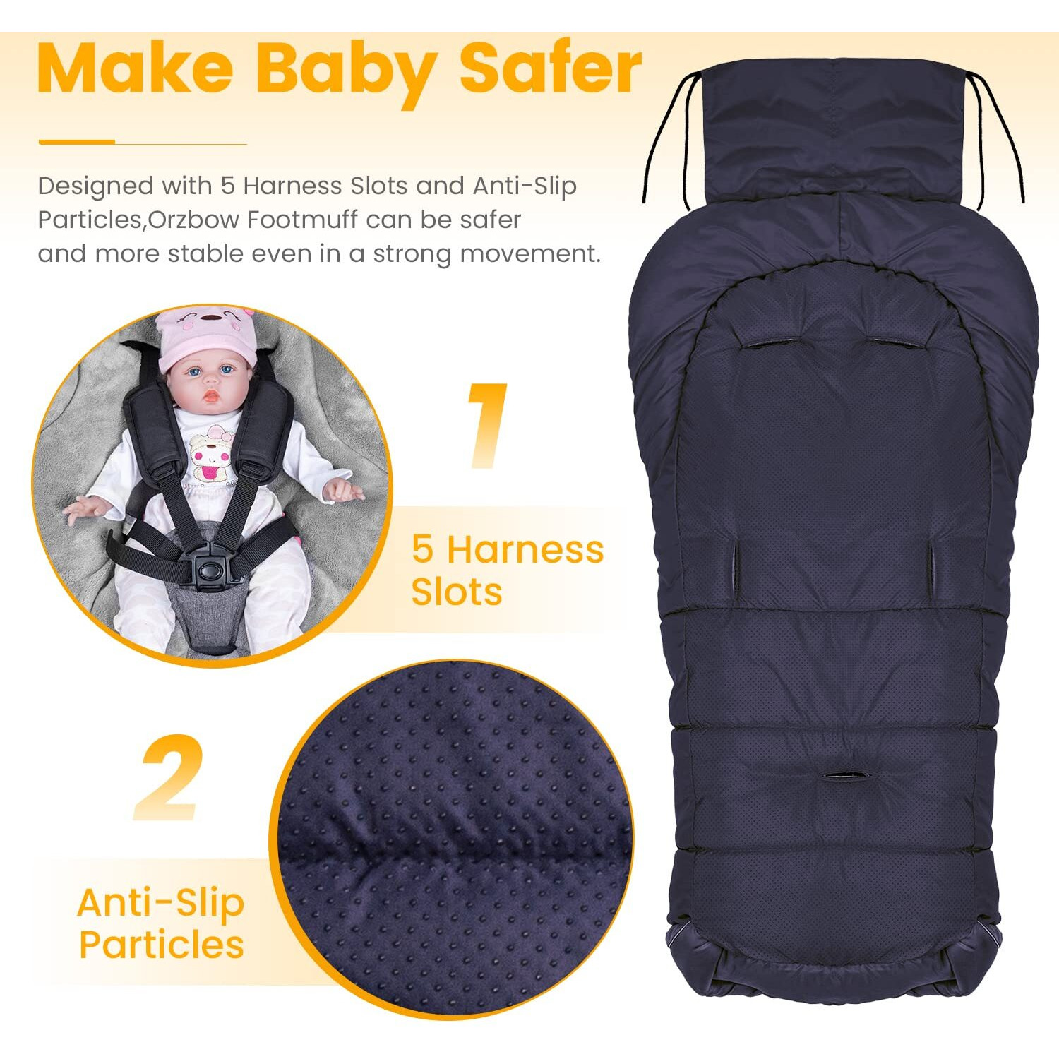 Orzbow Warm Bunting Bag Universal,Stroller Sleeping Bag Cold Weather,Waterproof Toddler Footmuff (Black, Large)