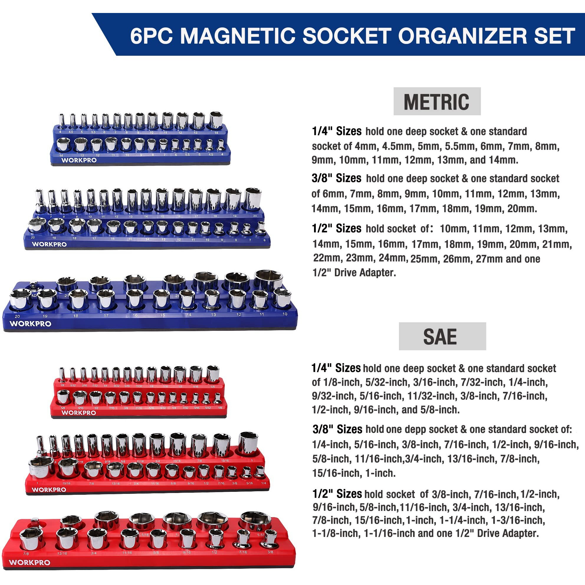 Workpro Magnetic Socket Organizer Set, 6-Piece Socket Holder Set Includes 1/4"", 3/8"", 1/2"" Drive Metric Sae Socket Trays, Holds 141 Pieces Standard Size And Deep Size Sockets(Socket Not Included)