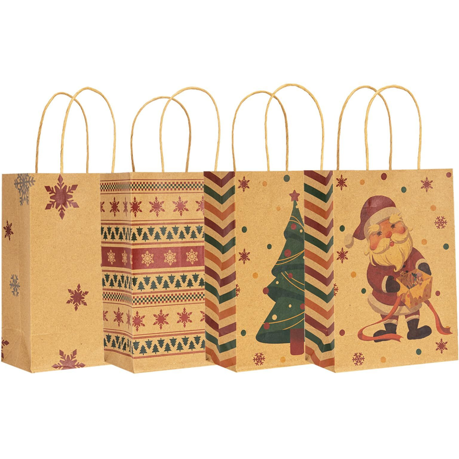 24 Pcs Small Christmas Gift Bags With Handles, 4 Designs Christmas Kraft Paper Bags For Holiday Paper Gift Bags, Christmas Goody Bags, Xmas Gift Bags, Classrooms And Party Favors (5.8 X 3.2 X 8.25 "")
