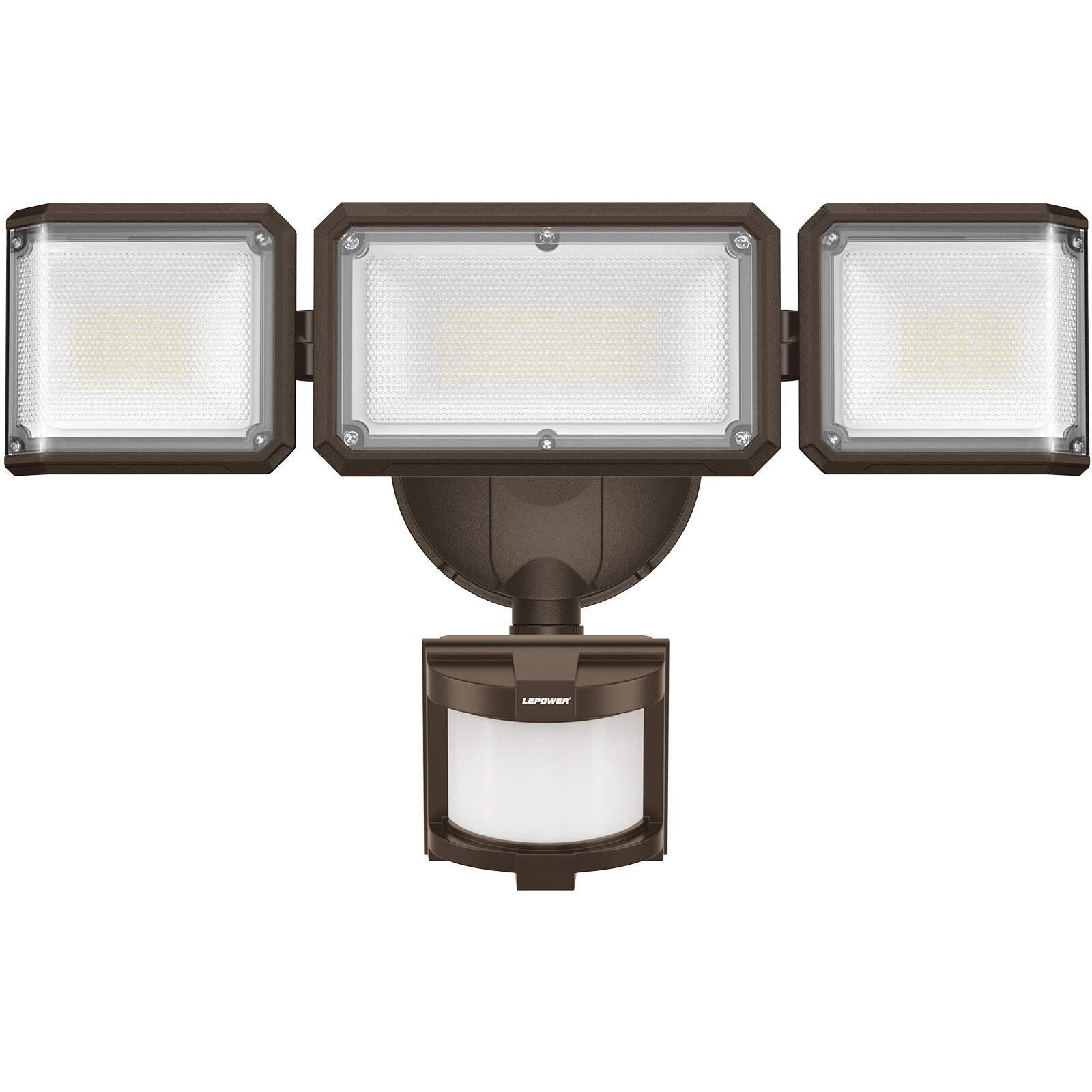 Lepower 42W Flood Lights Motion Sensor Outdoor Lights, 4200Lm Led Security Light, Dusk To Dawn Motion Sensor Light, 3 Modes, 5000K, Ip65 Waterproof, 3 Head Outdoor Flood Light For Garage Yard Porch