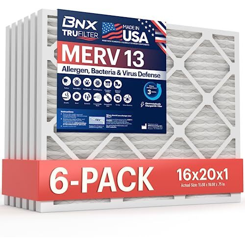 Bnx Trufilter 16X20X1 Air Filter Merv 13 (6-Pack) - Made In Usa - Electrostatic Pleated Air Conditioner Hvac Ac Furnace Filters For Allergies, Pollen, Mold, Bacteria, Smoke, Allergen, Mpr 1900 Fpr 10