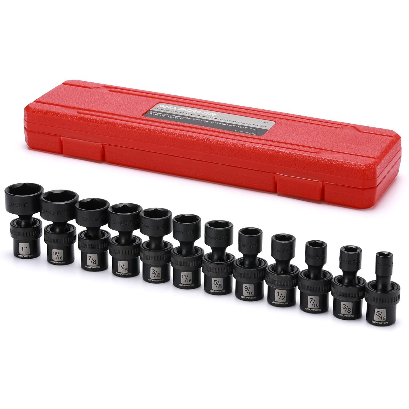 Mixpower 3/8"" Drive Shallow Impact Universal Joint Swivel Socket Set, Sae, 5/16"" - 1"", Shallow, Flexible Wobble, Chrome Molybdenum Steel, 12 Pieces Set