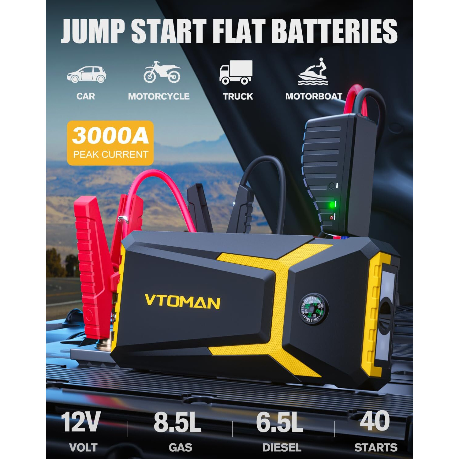 Vtoman V8 Pro 3000A Jump Starter, Car Battery Charger Jump Starters For Up 8.5L Gas And 6.5L Diesel Engines, 12V Auto Lithium Battery Booster Pack, Portable Jump Box With Jumper Cable Lcd Display
