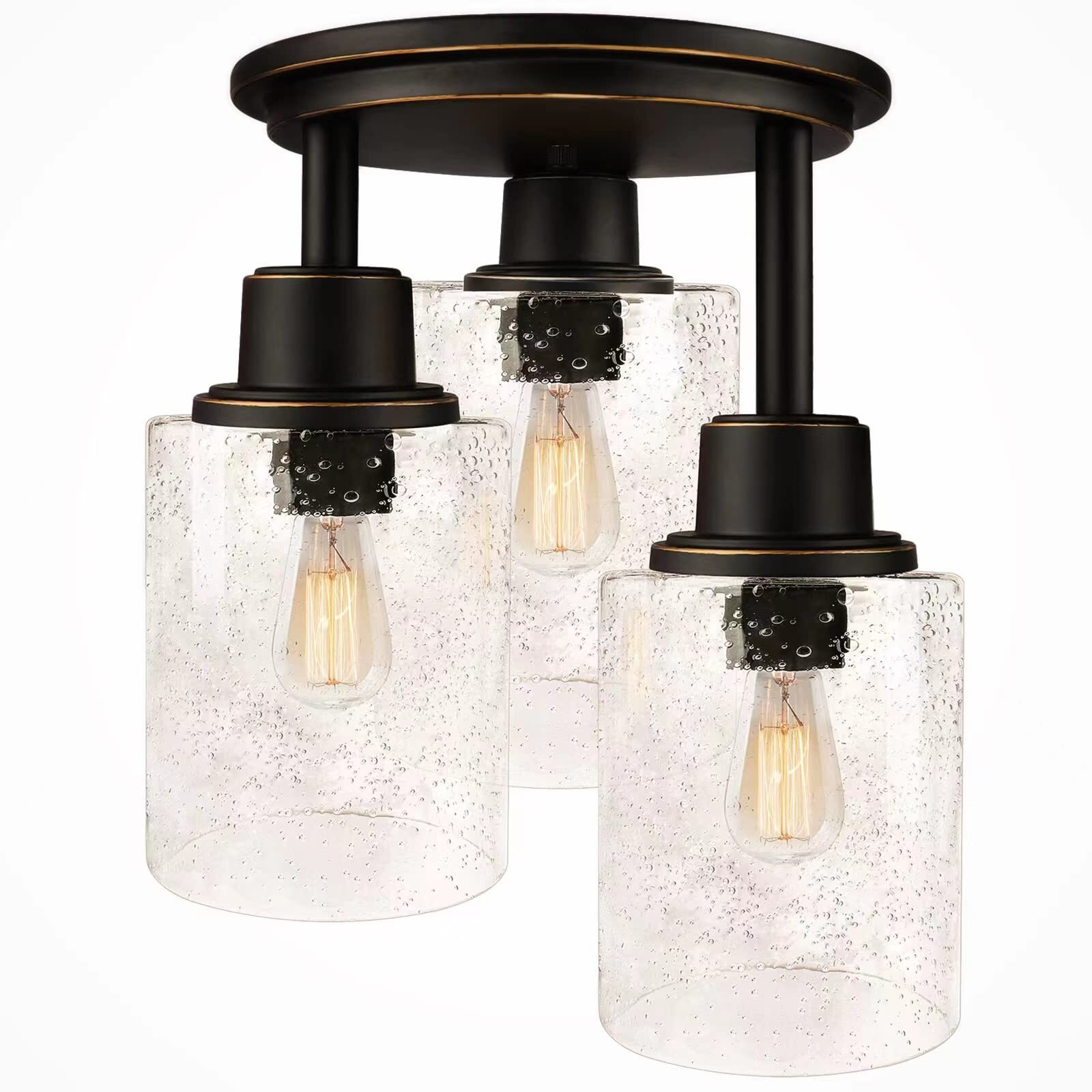 Semi Flush Mount Ceiling Light, 3-Light Close To Ceiling Light Fixtures, Vintage Oil-Rubbed Bronze Finish With Clear Seeded Glass Shade Chandelier Lighting For Stairs Porch Hallway Entryway Kitchen