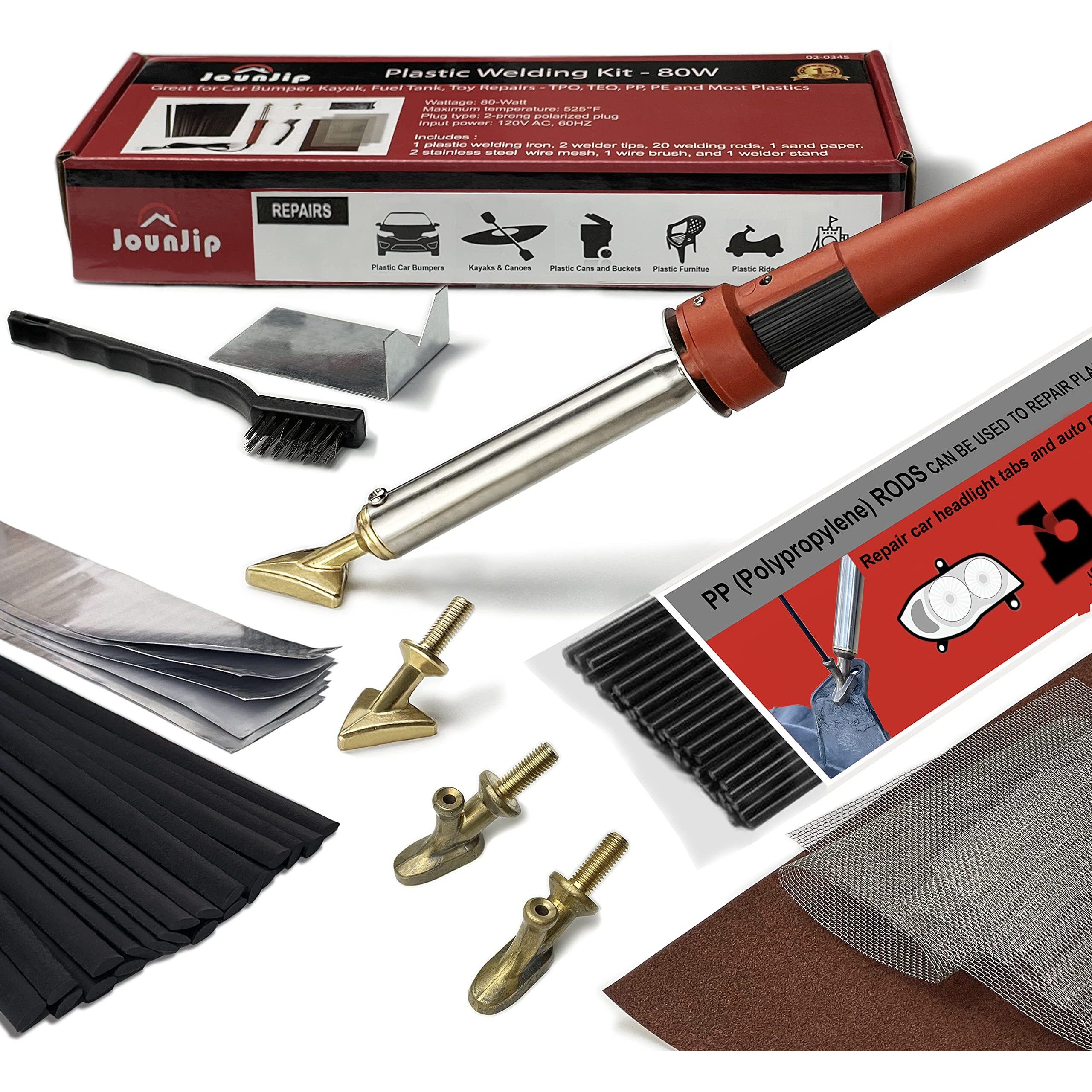 Jounjip Plastic Welding Kit Deluxe - Ul Certified - 17 Pc Aluminum Repair Tape, Sandpaper, 2 Triangle Welder Tips, 2 Welder Boot Tips, 4 Wire Mesh, 20 Polyplaz Rods, 40 Pp Rods, 80W Iron
