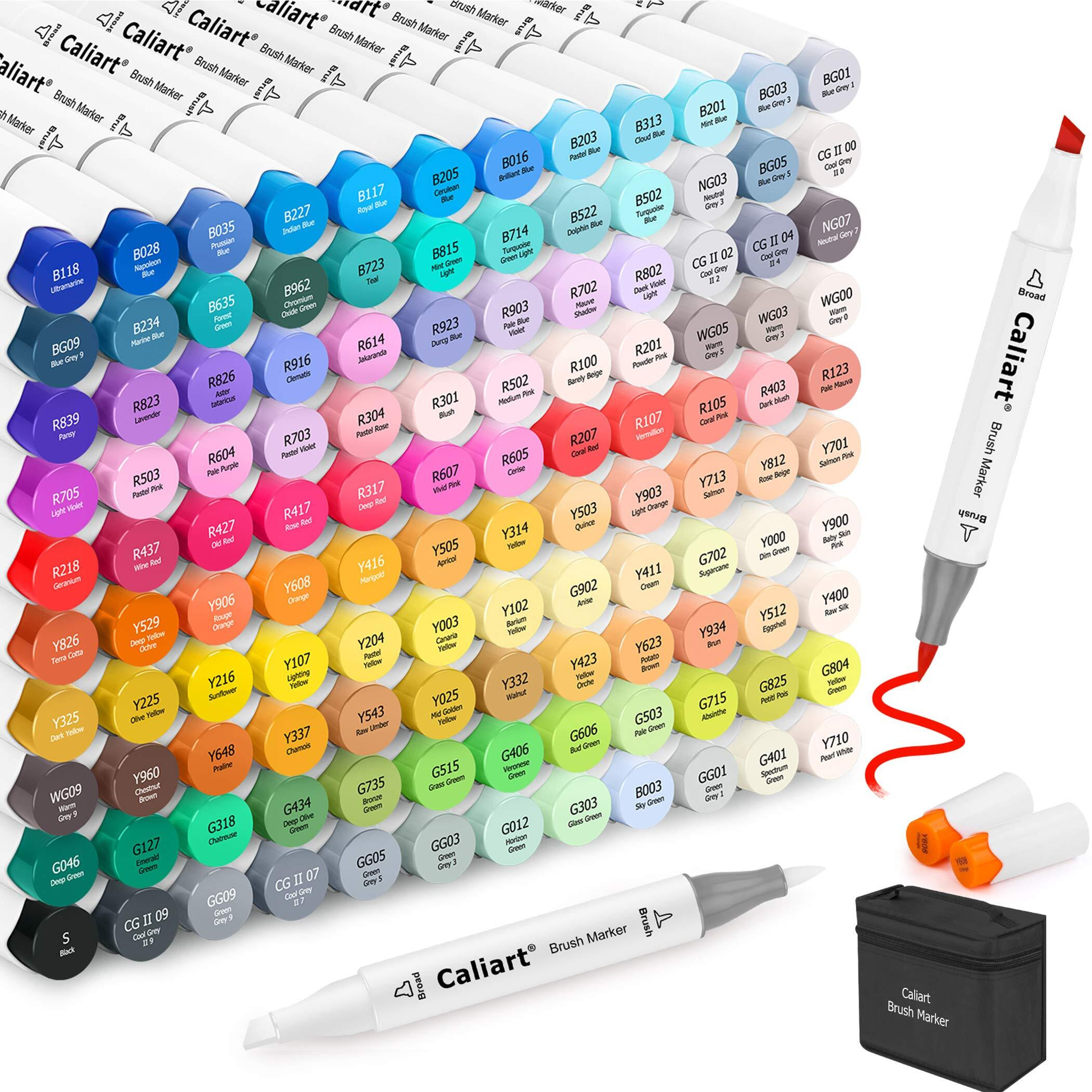 Caliart 121 Colors Alcohol Based Markers, Dual Tip (Brush & Chisel) Permanent Artist Art Sketch Markers For Adult Kid Halloween Coloring Book And Illustration, Plus 1 Colorless Alcohol Marker Blender