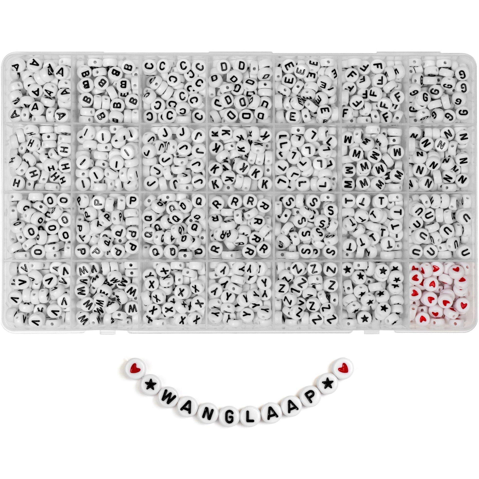 Wanglaap 1450Pcs Letter Beads, Acrylic 4X7Mm Round Letter Beads Kits, Alphabet Beads A-Z And Red Heart Black Star Beads For Bracelets Necklaces Diy Jewelry Making (White)