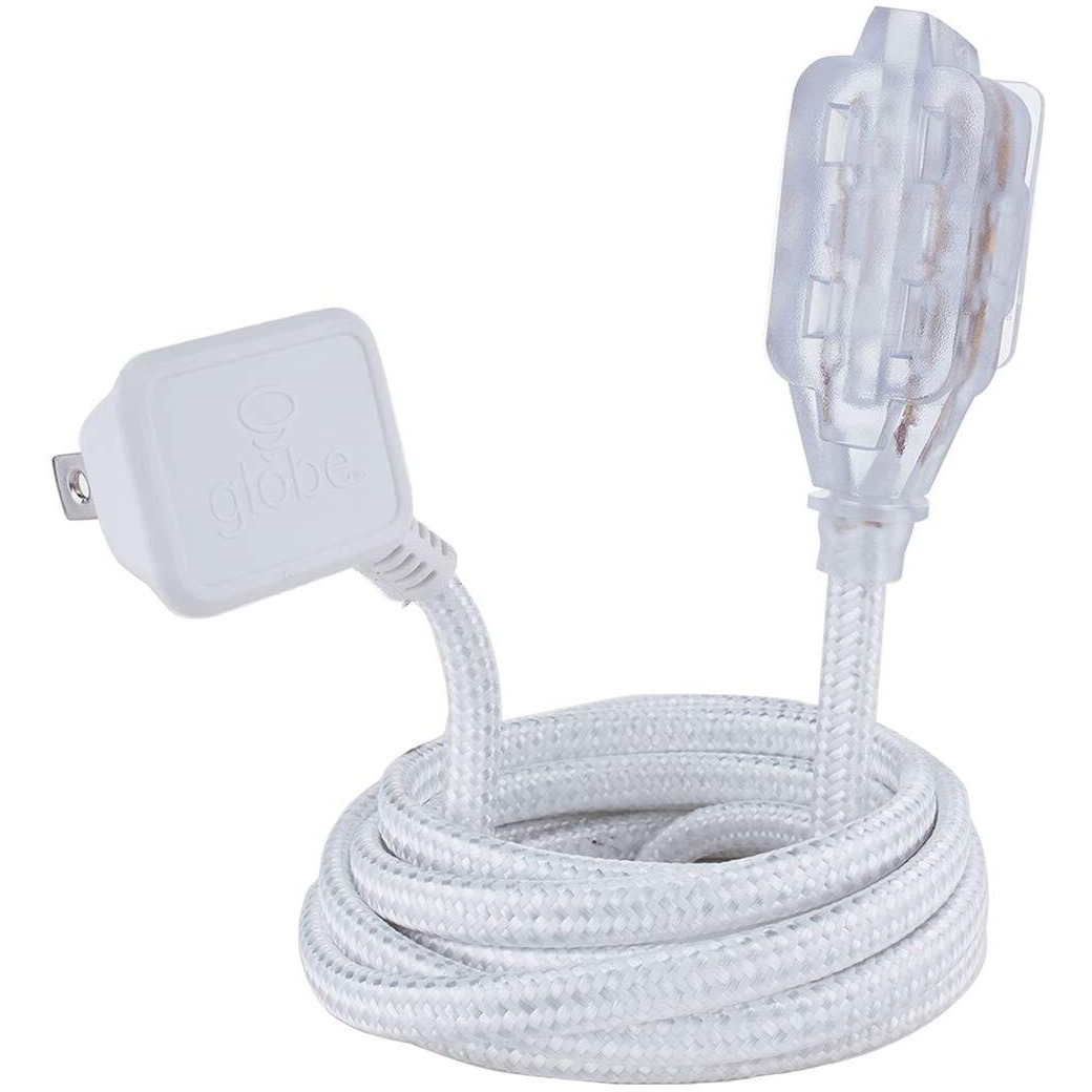 Globe Electric 22811 9-Ft Fabric Extension Cord, 3 Polarized Outlets, Right Angle Plug, 125 Volts, White And Silver, Extension Cord With Multiple Outlets, Multi Plug Outlet, Electrical Outlet