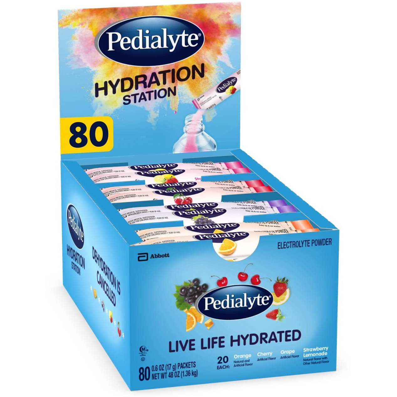 Pedialyte Hydration Station Multipack, Electrolyte Hydration Drink, 0.6-Oz Electrolyte Powder Packets, 80 Count