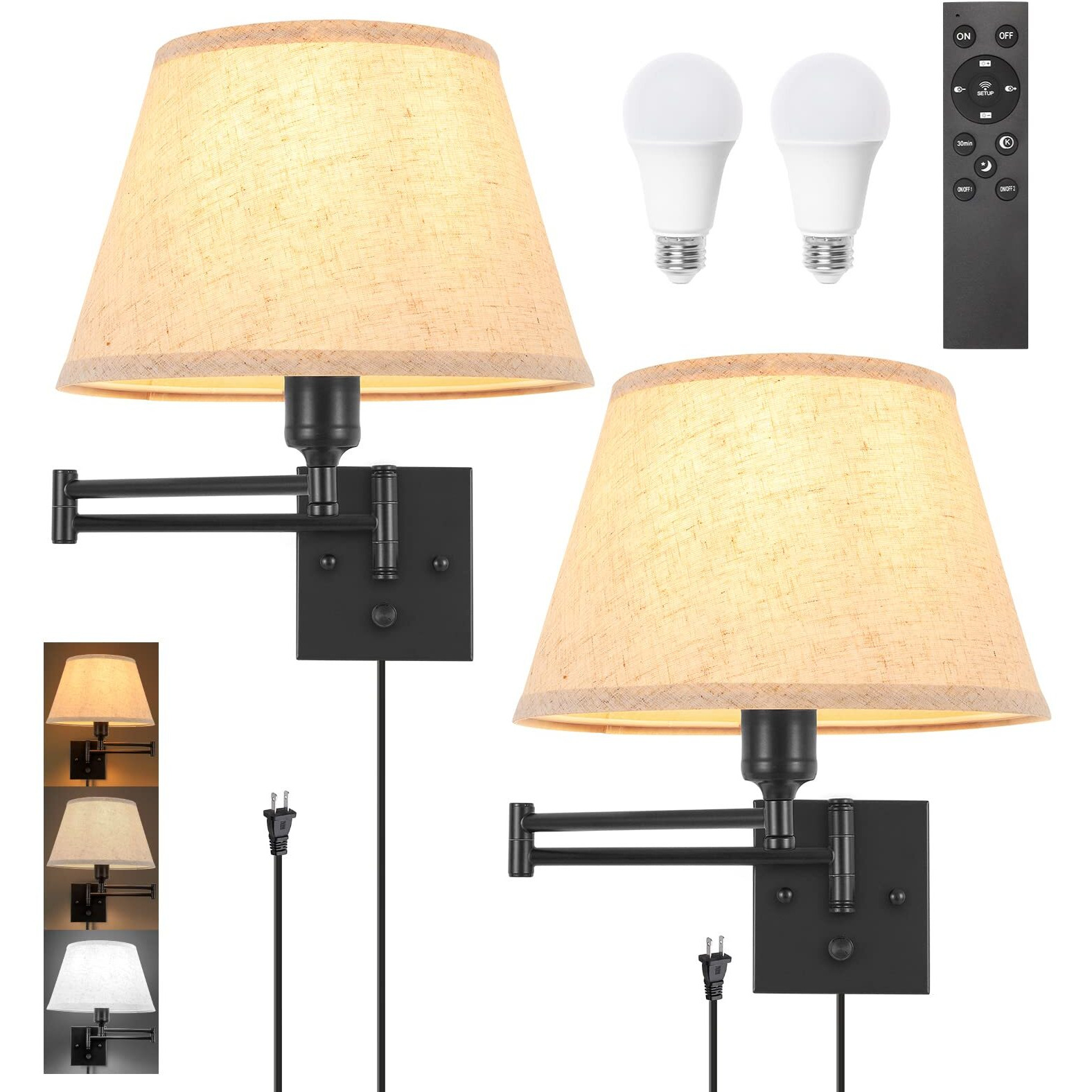 Trlife Wall Sconce Plug In, Remote Control Dimming 10-100% And Adjustable Color Temperature 2700K-6500K Swing Arm Wall Lights With Plug In Cord, 11.8"" Large Beige Fabric Shade(2 Pack, 2 Bulbs)