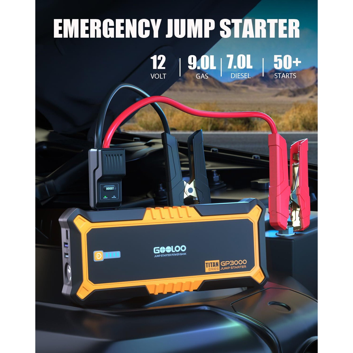 Gooloo Gp3000 3000A Jump Starter,12V Car Battery Jump Starter For Up To 9.0L Gas Engines & 7.0L Diesel, Supersafe Lithium Jump Box Battery Booster Pack, Auto Battery Starter With Usb Quick Charge