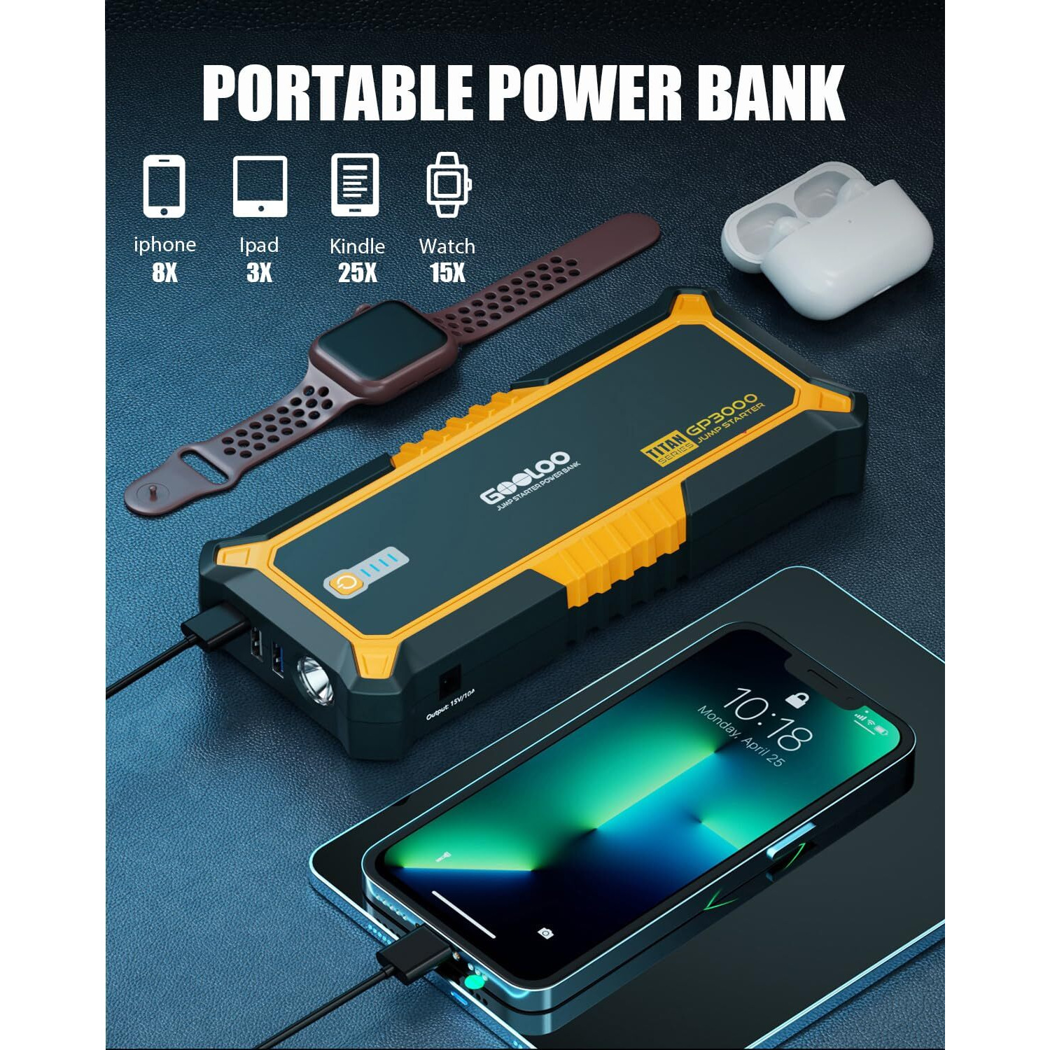 Gooloo Gp3000 3000A Jump Starter,12V Car Battery Jump Starter For Up To 9.0L Gas Engines & 7.0L Diesel, Supersafe Lithium Jump Box Battery Booster Pack, Auto Battery Starter With Usb Quick Charge