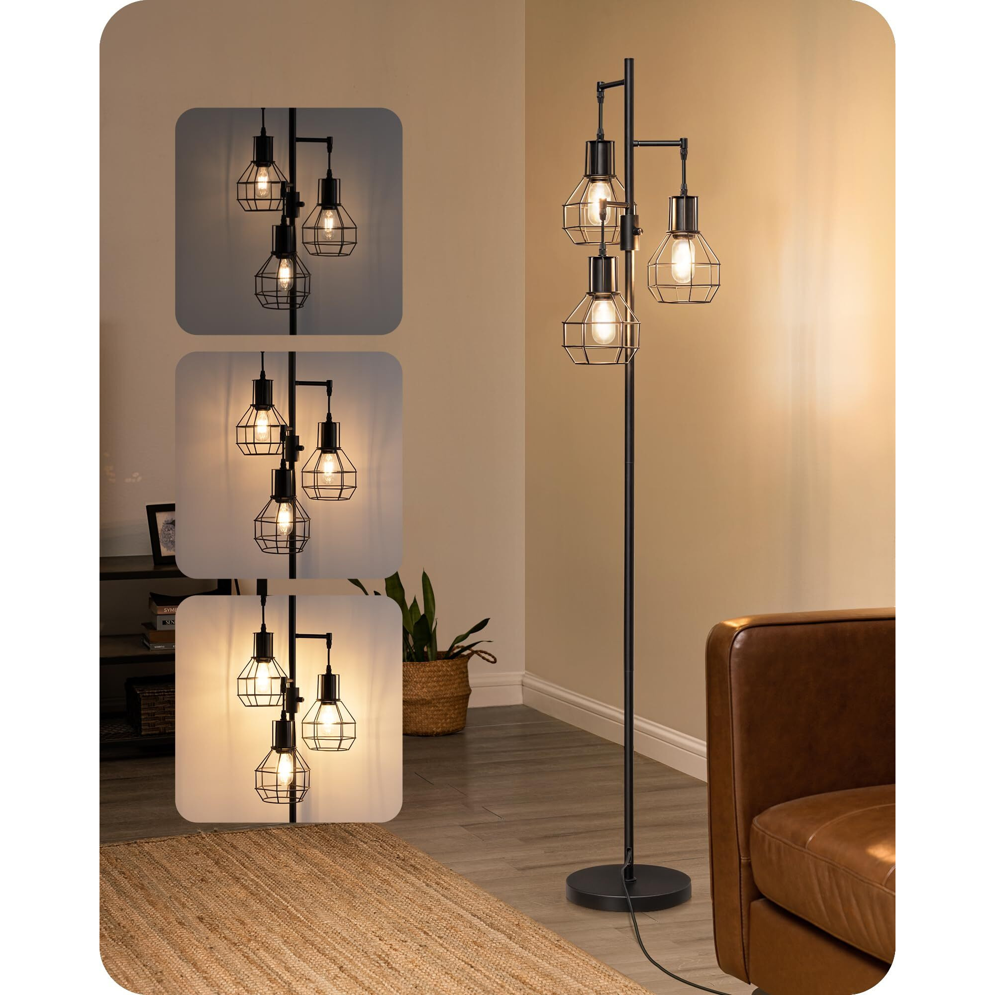 Edishine Dimmable Farmhouse Floor Lamp, Industrial Standing Lamp For Living Room, 3 Led Edison Bulbs Included, Black Corner Rustic Tall Tree Reading Lamps Home Decor For Bedroom, Office
