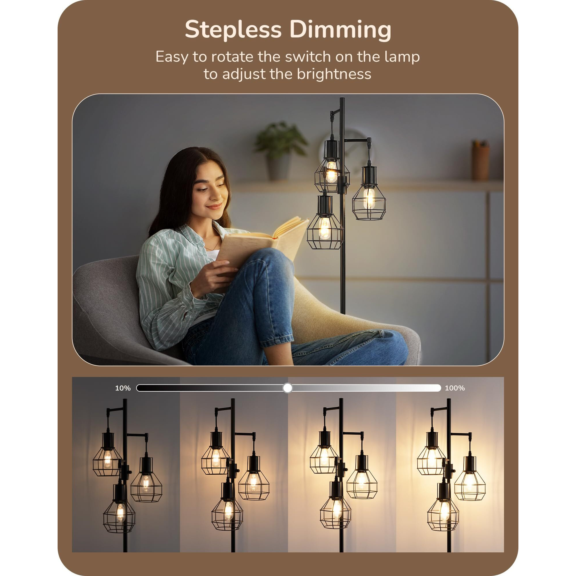Edishine Dimmable Farmhouse Floor Lamp, Industrial Standing Lamp For Living Room, 3 Led Edison Bulbs Included, Black Corner Rustic Tall Tree Reading Lamps Home Decor For Bedroom, Office