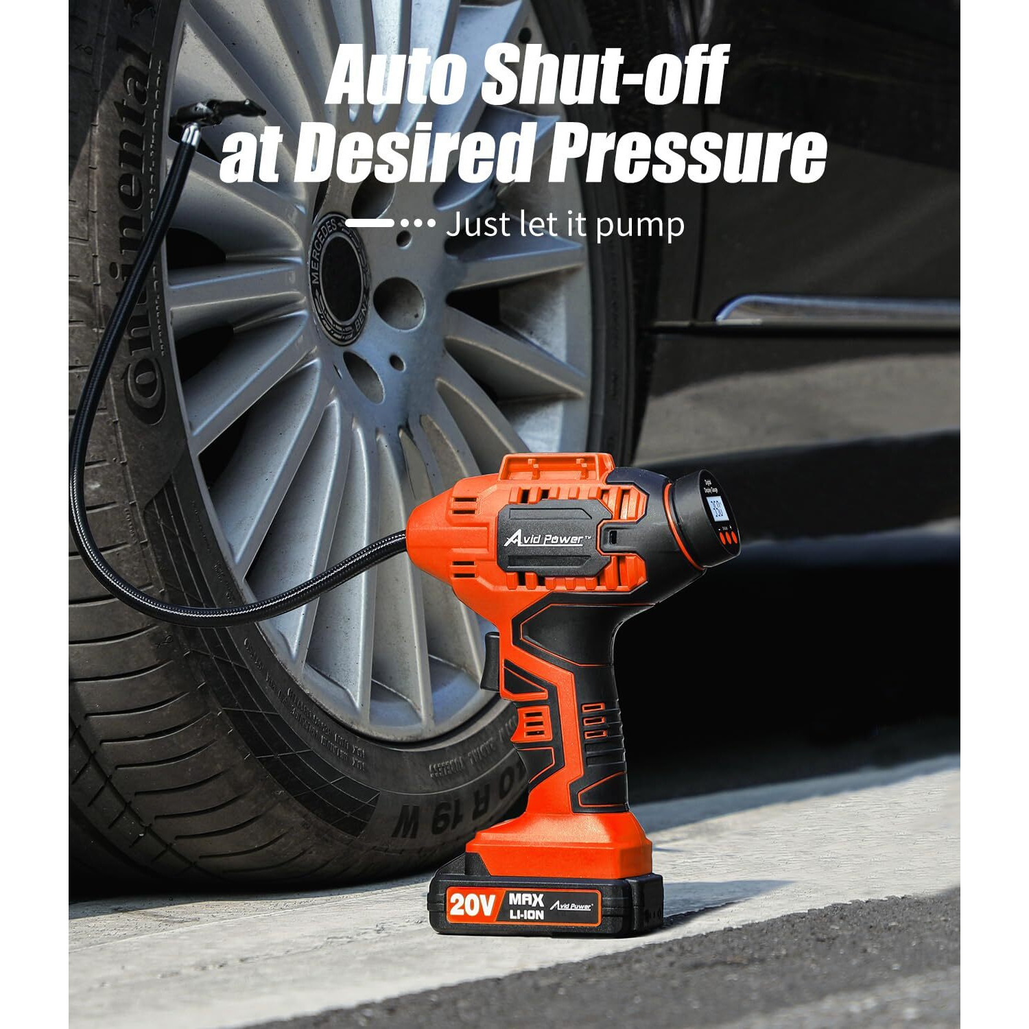 Avid Power Tire Inflator Portable Air Compressor, 20V Cordless Rechargeable Battery Tire Pump W/ 12V Car Power Adapter, Digital Pressure Gauge, Auto Air Pump For Many Inflatables (Orange)
