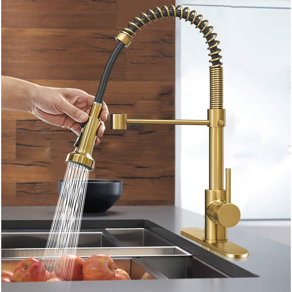 Hoimpro Brushed Gold High Arc Spring Kitchen Faucet With Pull Down Sprayer, Commercial Rv Single Lever Kitchen Sink Faucet ,3 Function Single Handle Laundry Faucet, Brass / Brushed Gold (1 Or 3 Hole)