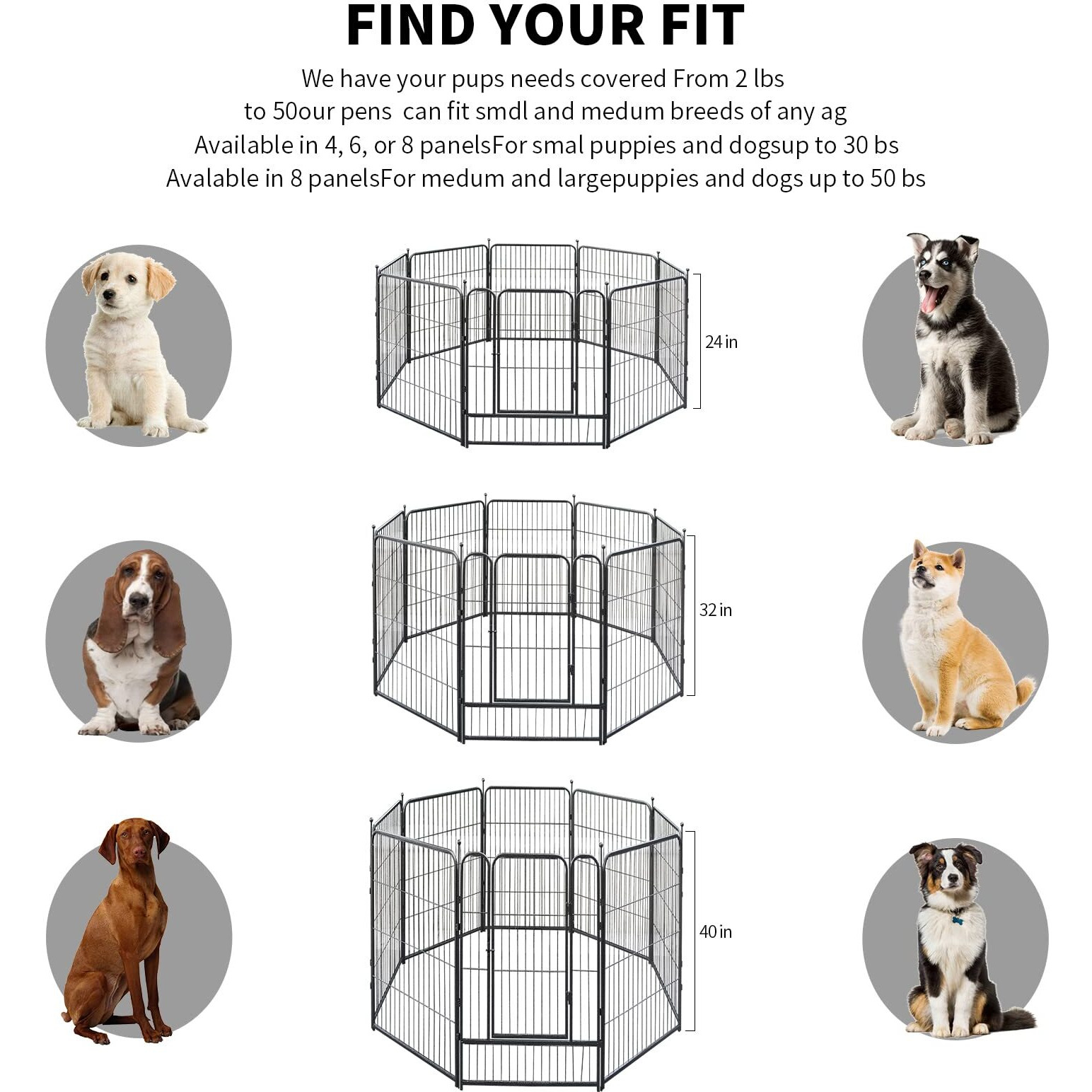 Dog Playpen,24/32/40 Inch Height In Heavy Duty,Folding Indoor Outdoor Dog Exercise Fence, Portable Pet Playpen With Door For Large Medium Dogs - Silver Gray (8 Panels, 32 Inch)