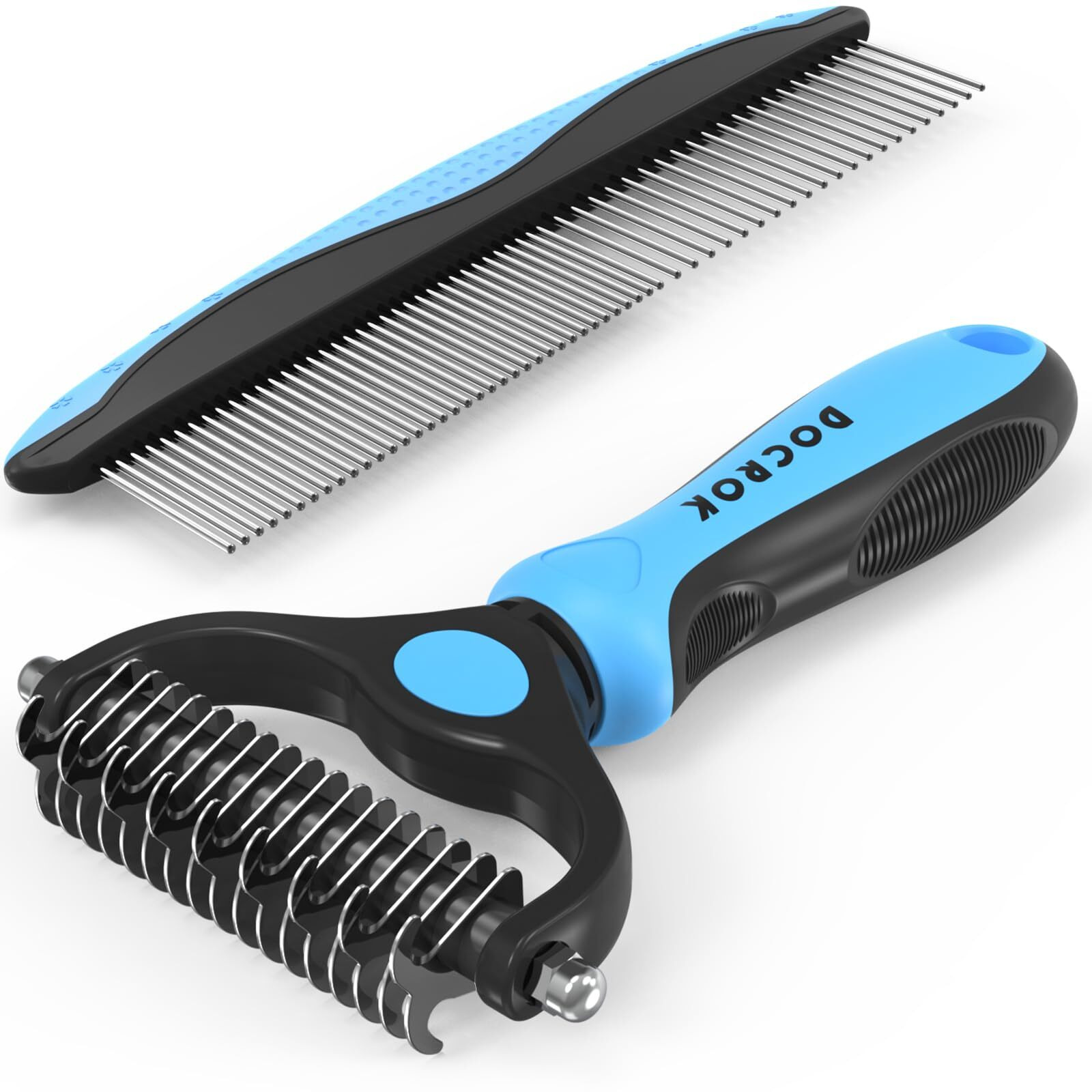 Pet Grooming Brush And Metal Comb Combo, Cat Brush Dog Brush For Shedding, Undercoat Rake For Dogs Grooming Supplies, Dematting Deshedding Brush Dogs Shedding Tool For Long Matted Haired Pets, Blue