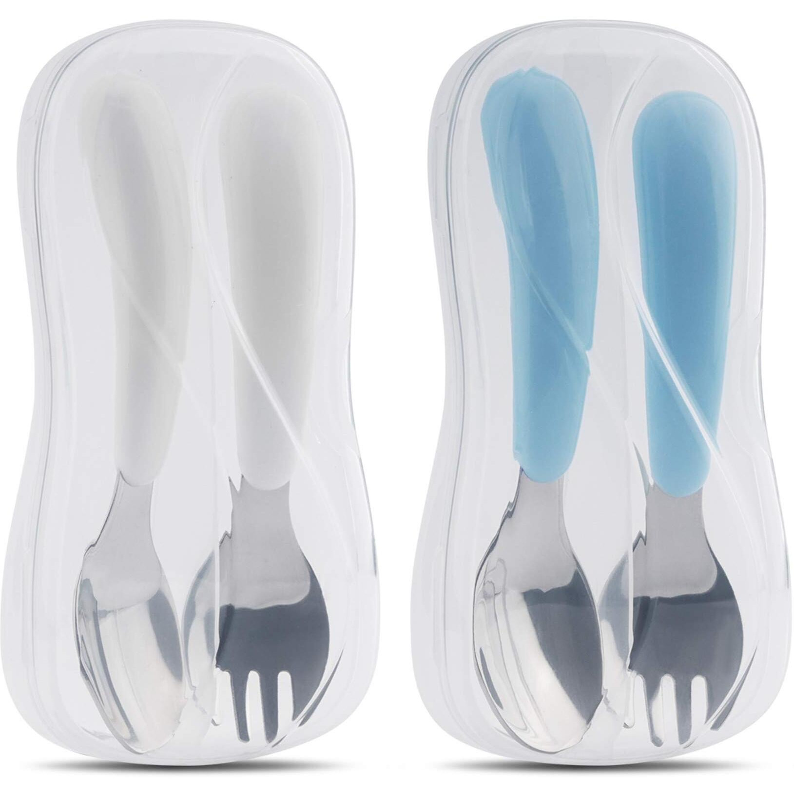 Kirecoo 2 Set Toddler Utensils, Toddler Forks And Spoons, Stainless Steel Toddler Silverware Set, Designed For Self Feeding Flatware Set With Travel Carrying Cases Bpa Free (White & Aqua)