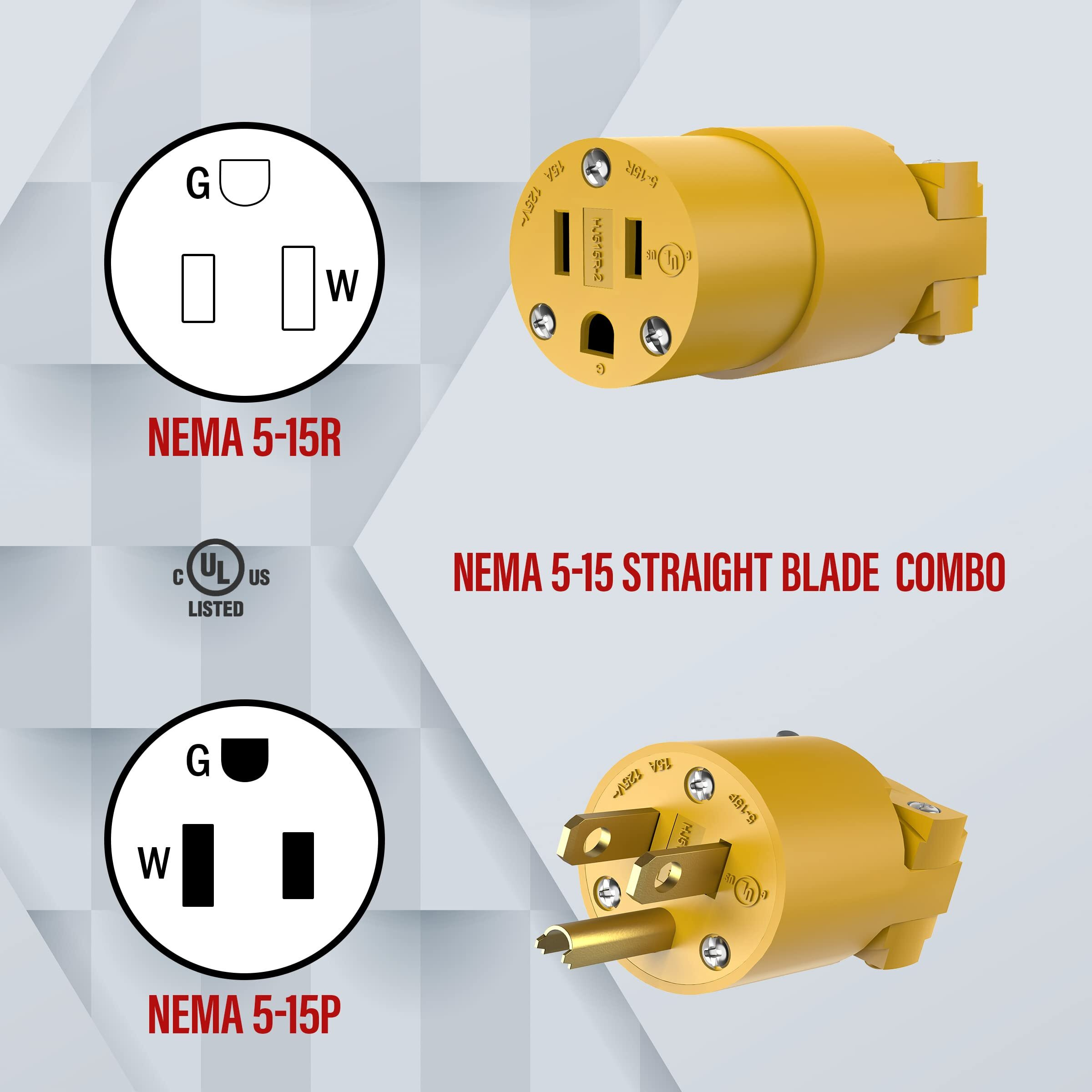Enerlites Electrical Replacement Plug & Connector Set, Extension Cord Ends Male And Female, 15 Amp 125 Volt, Straight Blade Plug Grounding Type, Nema 5-15P & 5-15R, Ul Listed, 66202-Y, Yellow