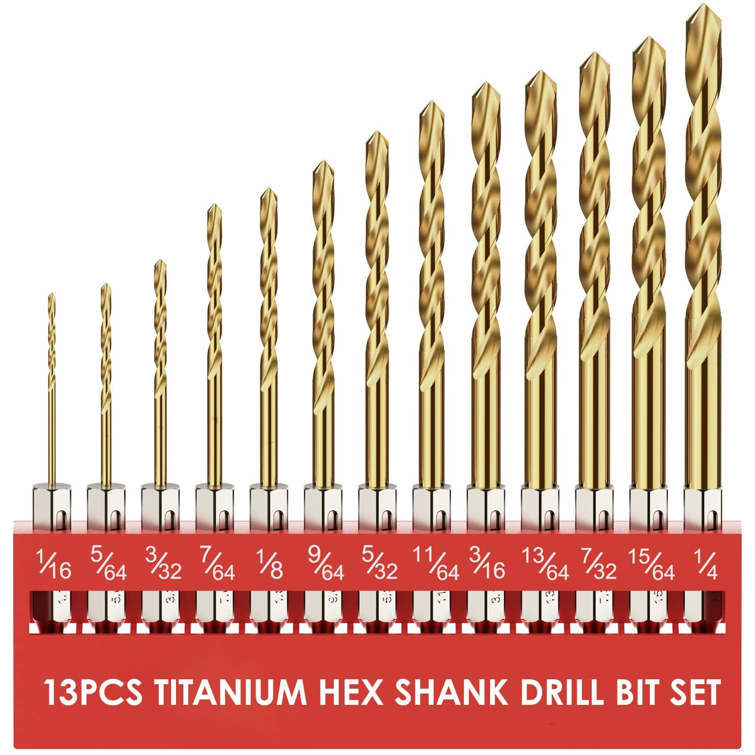 Macxcoip Hex Shank Drill Bit Set, 13Pcs Hss Titanium Twist Drill Bit For Sheet Metal, Wood, Plastic, Quick Change Design (1/16"" - 1/4"")