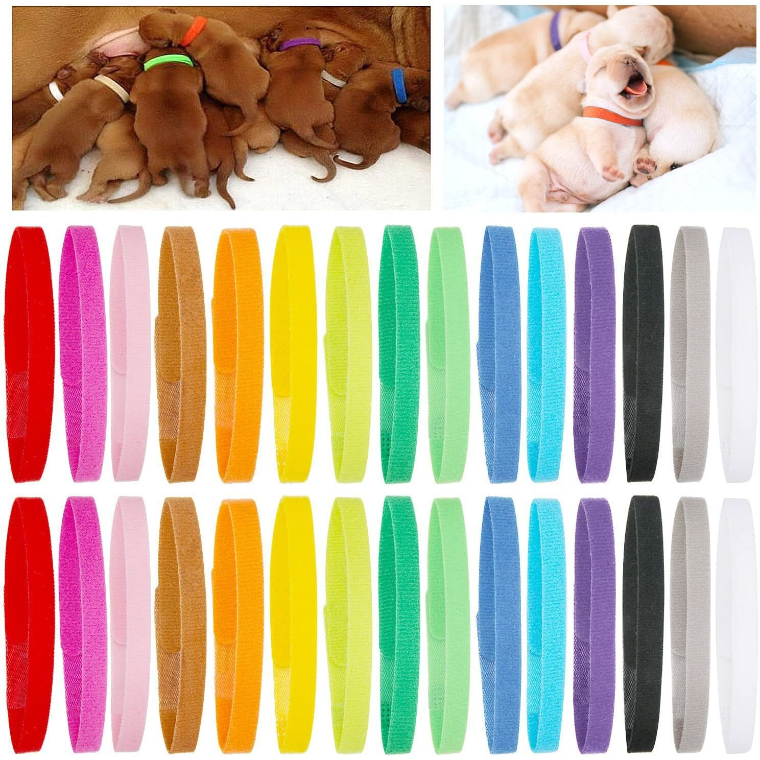 30 Pcs Puppy Whelping Collars Newborn Pet Collars Double-Sided Soft Adjustable Id Bands Puppy Collars For Litter Newborn Pet Dog Cat 15 Colors