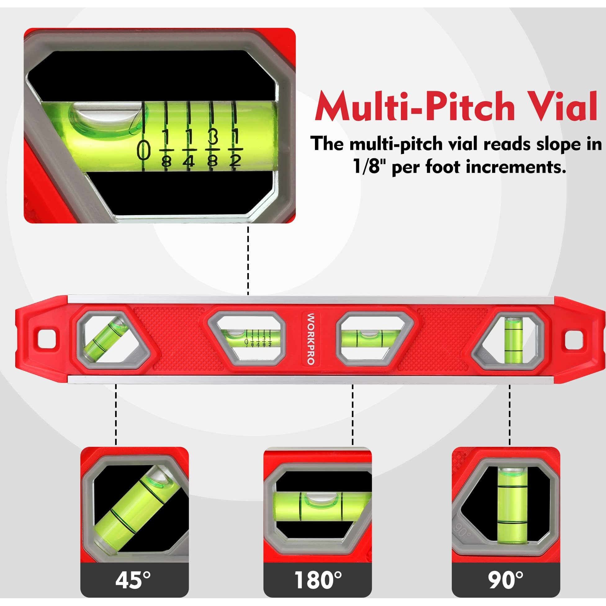 Workpro 12 Inch Torpedo Level, Magnetic Small Leveler Tool, Plumbing Level With Pitch Vial, Aluminum Reinforced, 4 Bubbles, V-Groove For Conduit Bending
