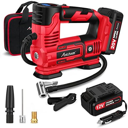 Avid Power Tire Inflator Portable Air Compressor, 20V Cordless Car Tire Pump W/Rechargeable Li-Ion Battery, 12V Car Power Adapter, Digital Pressure Gauge, 150Psi Tire Compressor For Many Inflatables