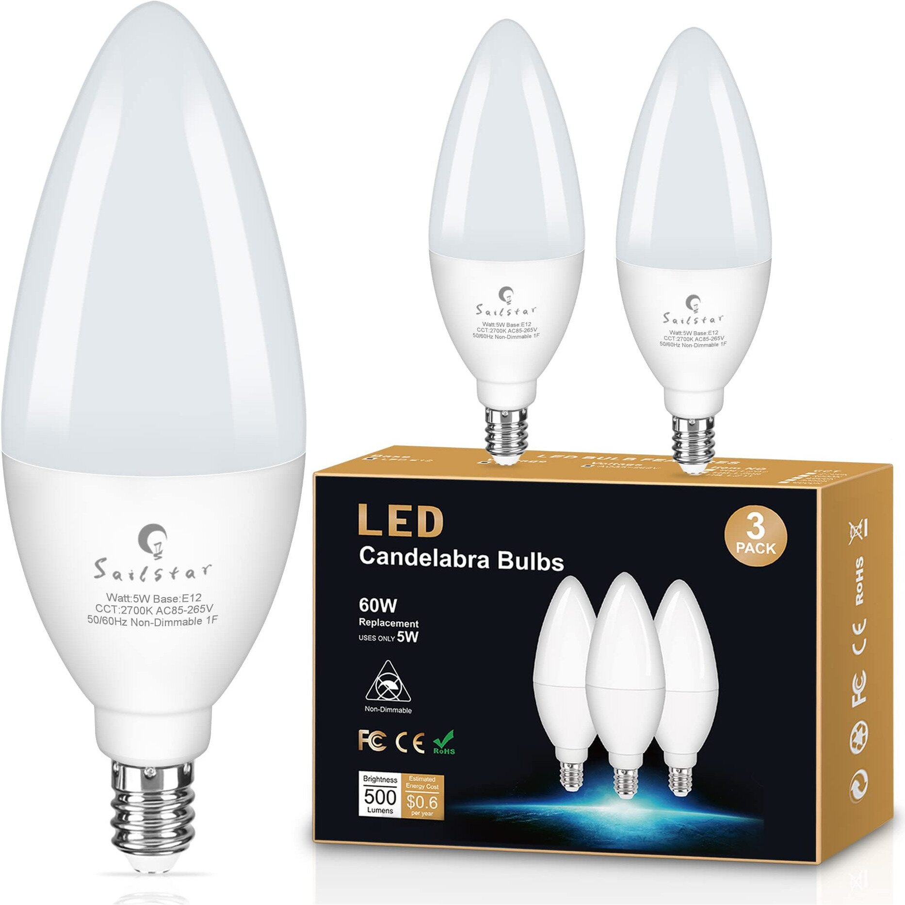 Sailstar E12 Led Bulb 60W Equivalent, 500 Lumens, Ceiling Fan Light Bulbs Soft White 2700K, Type B Light Bulb 5W, Cri 85, B11 Small Base Candelabra Led Light Bulbs, Non-Dimmable, Pack Of 3