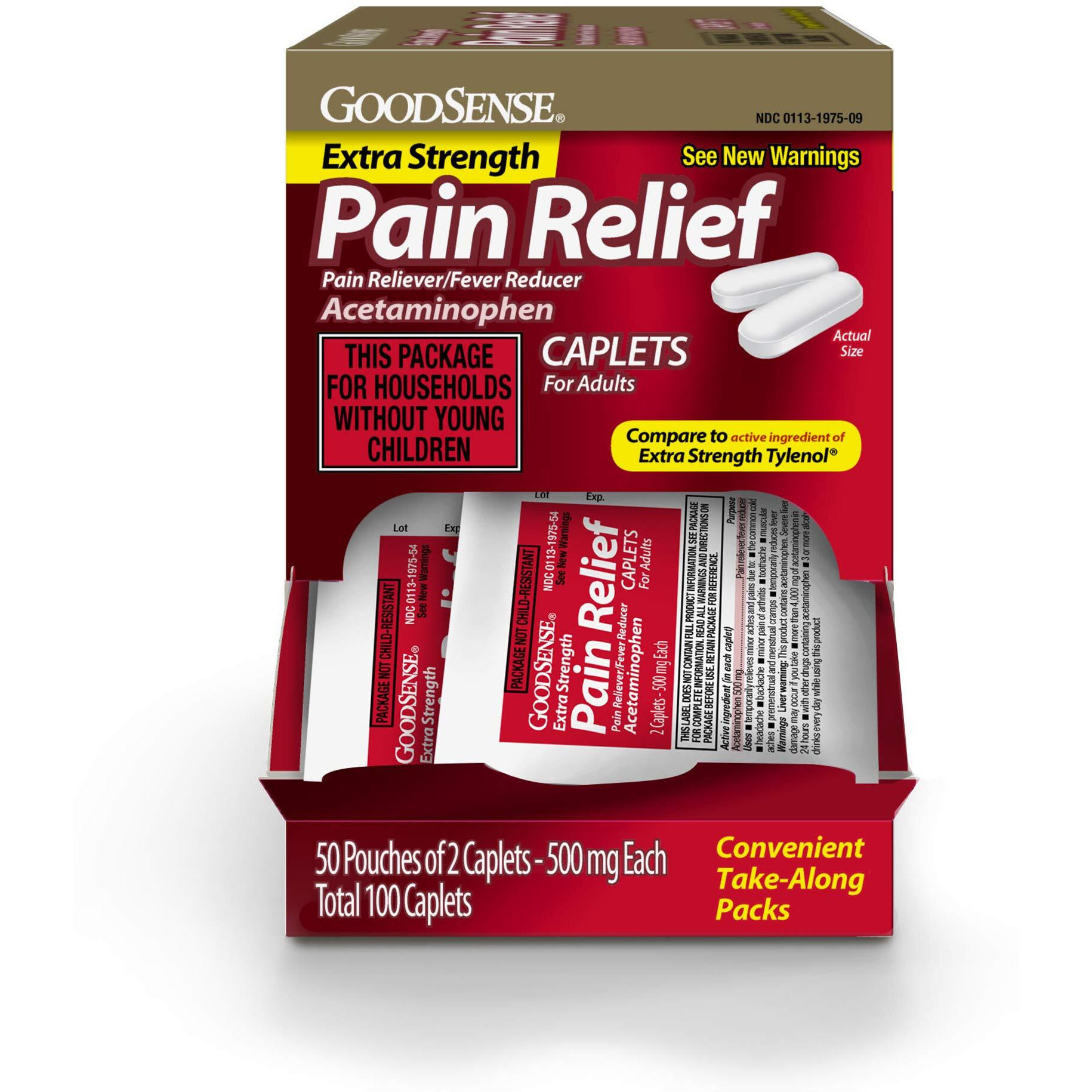 Goodsense Extra Strength Acetaminophen Caplets 500 Mg, Pain Reliever And Fever Reducer, 100 Count, 50 Pouches Of 2 Caplets