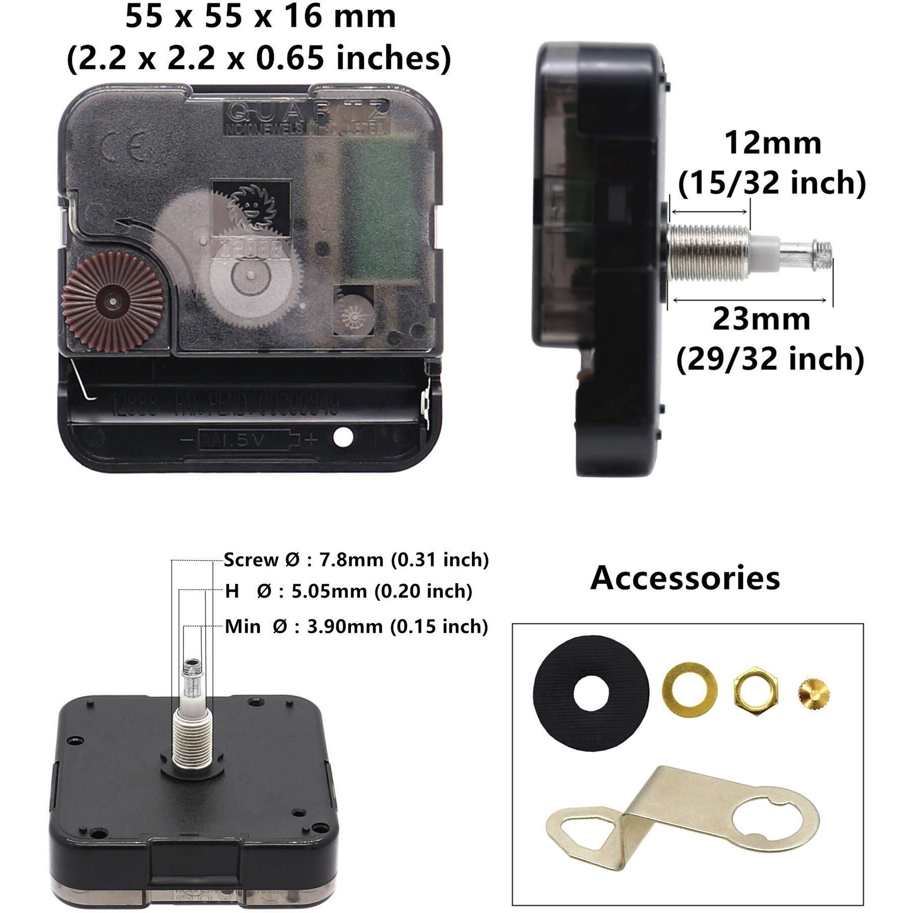 Quartz Diy Wall Clock Movement Mechanisms Battery Powered Diy Repair Parts Replacement With 4 Sets Hands,3/10 Inch Maximum Dial Thickness,29/32 Inch Total Shaft Length.