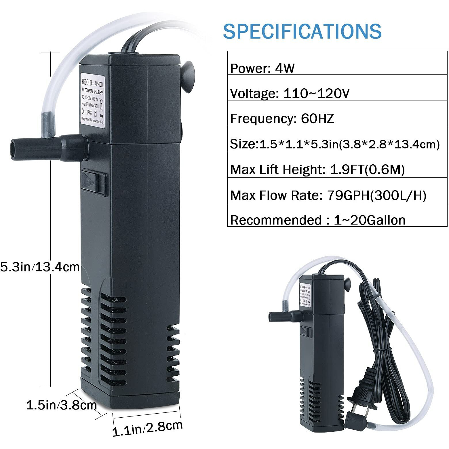 Fedour Submersible Aquarium Internal Filter, Filter With Water Pump For Fish Tank Up To 35 Gallon (For 1-20 Gallon)
