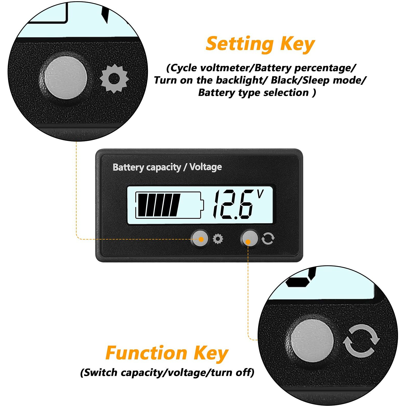 Dc 12V 24V 36V 48V 60V 72V 84V Golf Cart Battery Meter With Alarm, Front Setting And Switch Key Battery Capacity Voltage Indicator Gauge Acid And Lithium Ion Indicator(White)