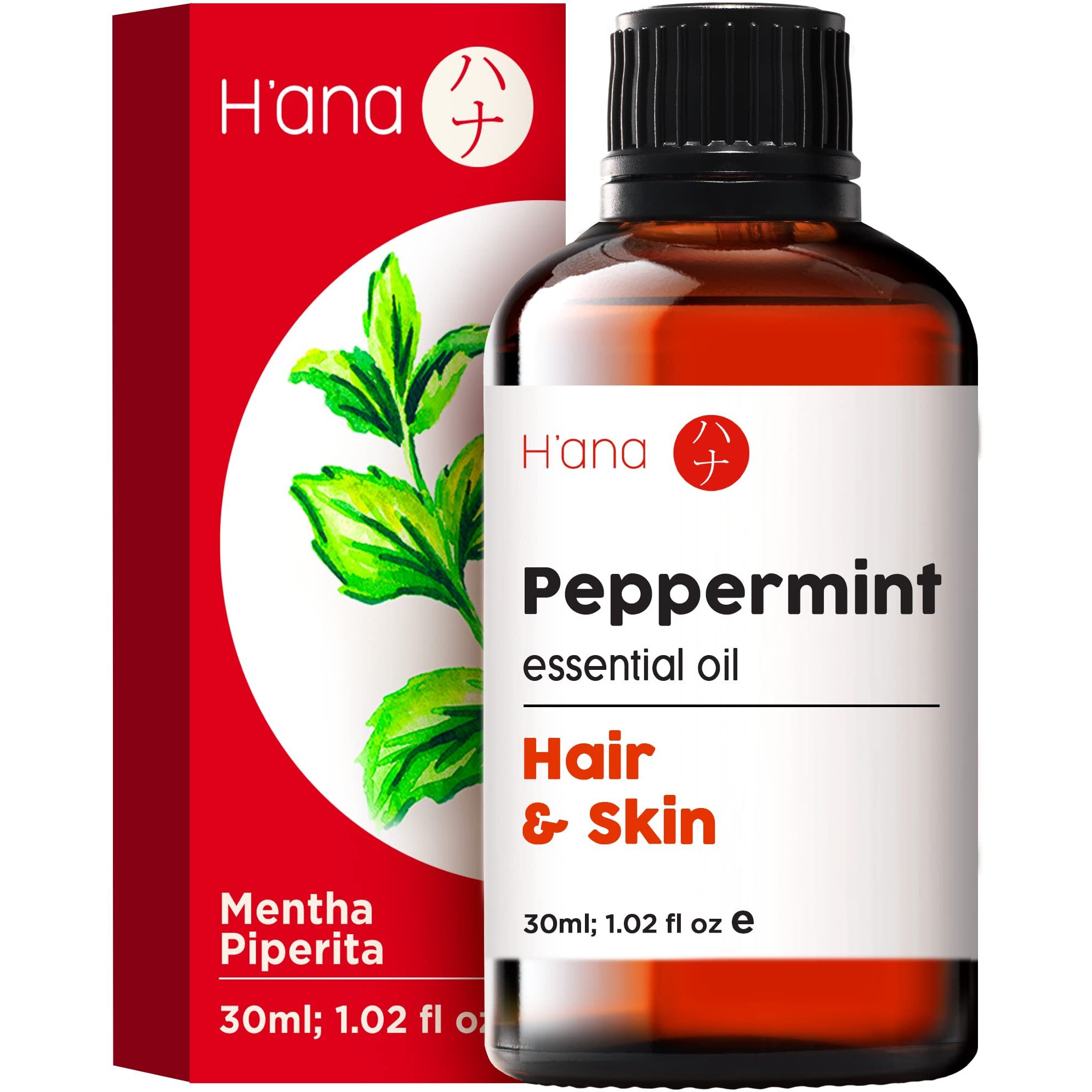 Hana Pure Peppermint Oil For Hair Growth - 100% Therapeutic Mint Essential Oils - Premium Grade Natural Peppermint Essential Oil For Diffuser, Skin & Hair (1 Fl Oz)