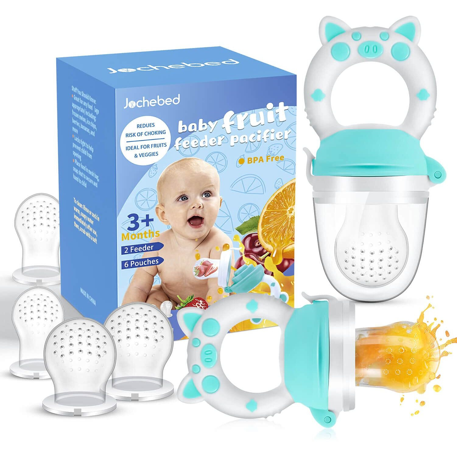 Baby Fruit Food Feeder Pacifier - Fresh Teething Pacifiers, Infant Fruit Teething Teether Toy For 3-24 Months, 6 Pcs Silicone Pouches For Toddlers & Kids & Babies, Piggy Handle 2-Pack (Blue)