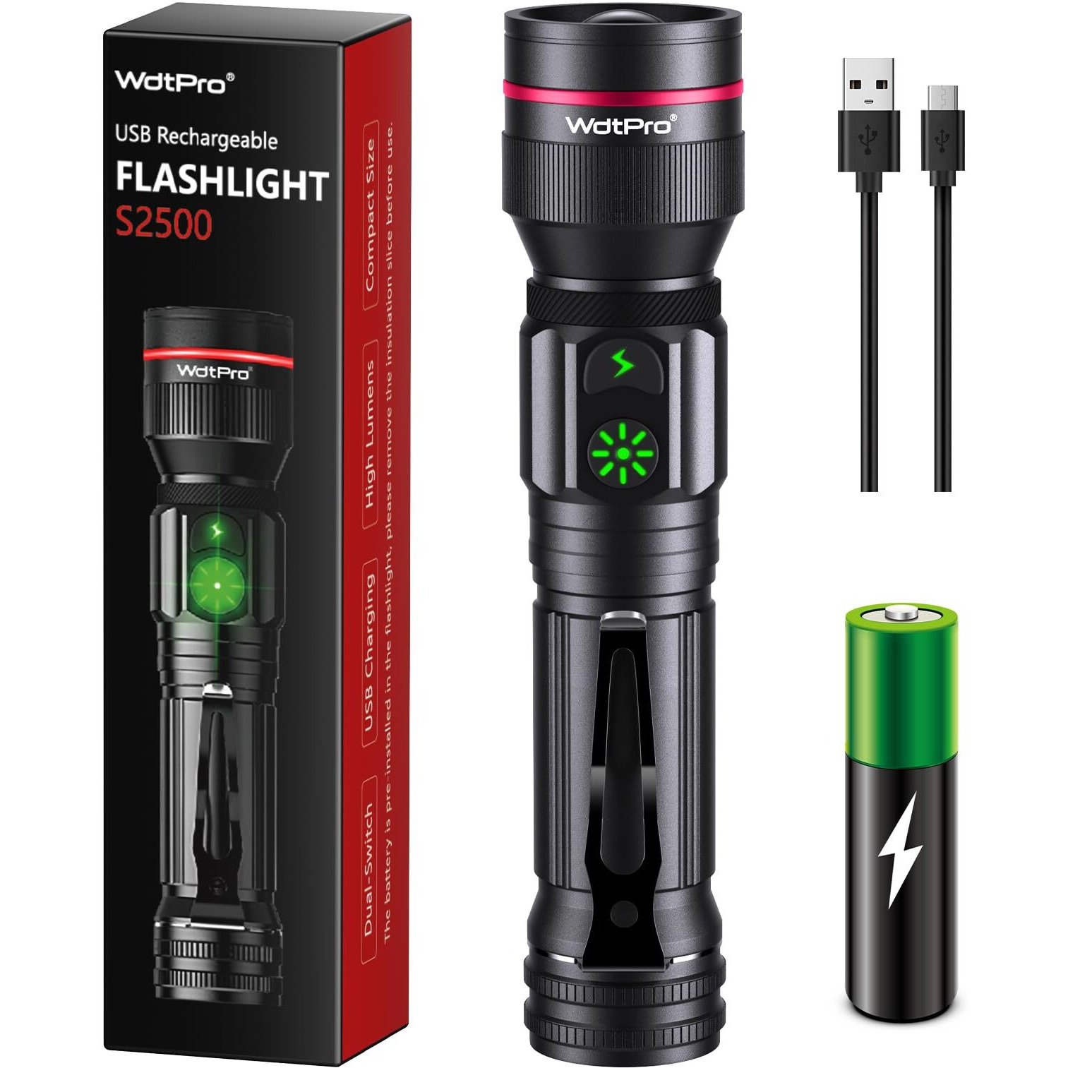 Wdtpro Flashlights Rechargeable, 2000 High Lumens Super Bright Led Flashlight Portable, 5 Modes Dual Switch Tactical Flashlight With Clip, Waterproof Zoomable For Camping Emergency, Battery Included