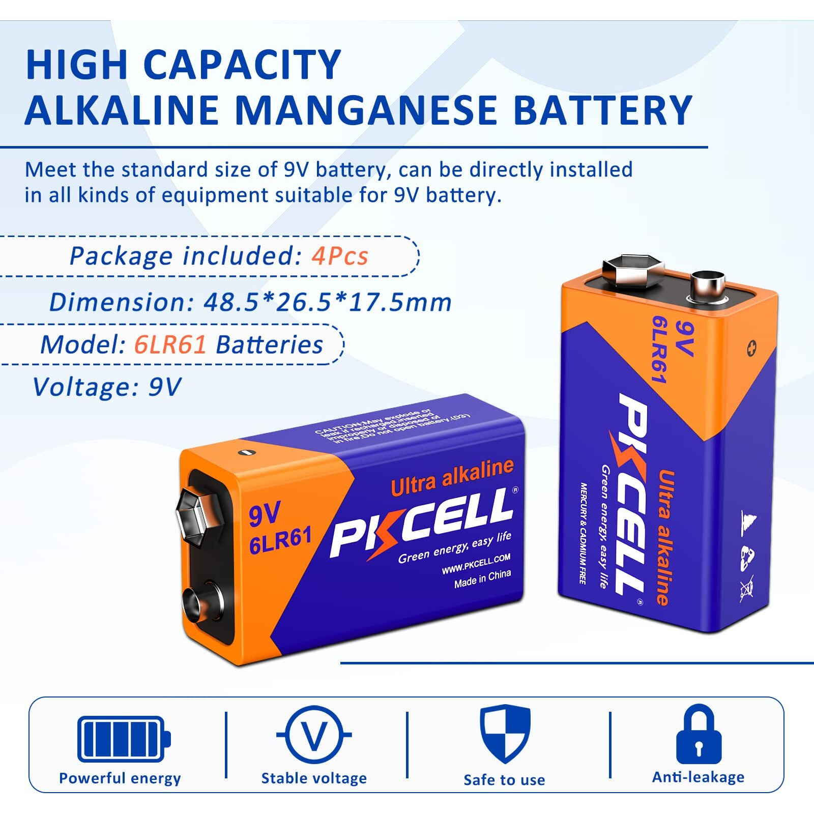 Pilocel 9V Batteries 9V 6Lr61 Battery 9 Volt Battery Alkaline Battery Disposable Batteries For Smoke Detector (4 Counts)